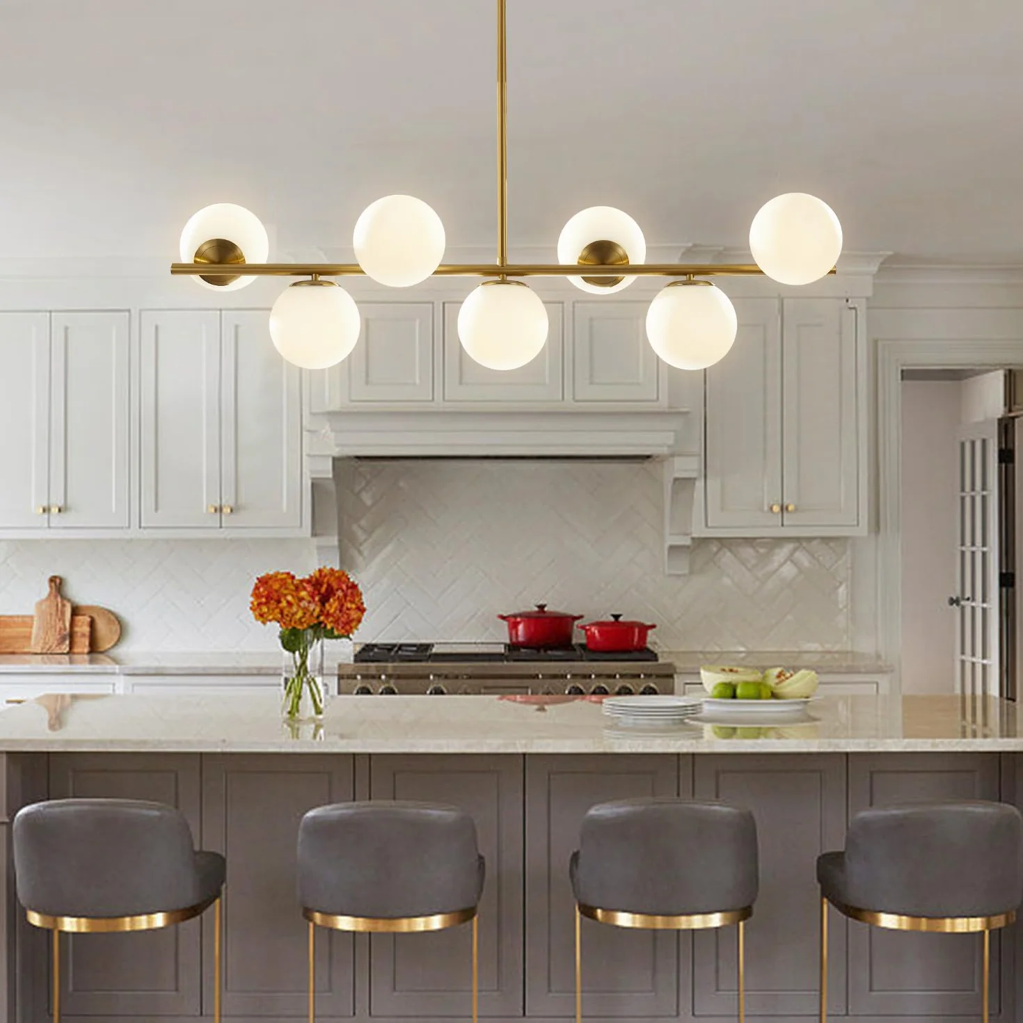 KCO Lighting Lámpara Colgante de Comedor Moderna de Metal Dorado, 7 Luces E27, Altura Ajustable 80 cm