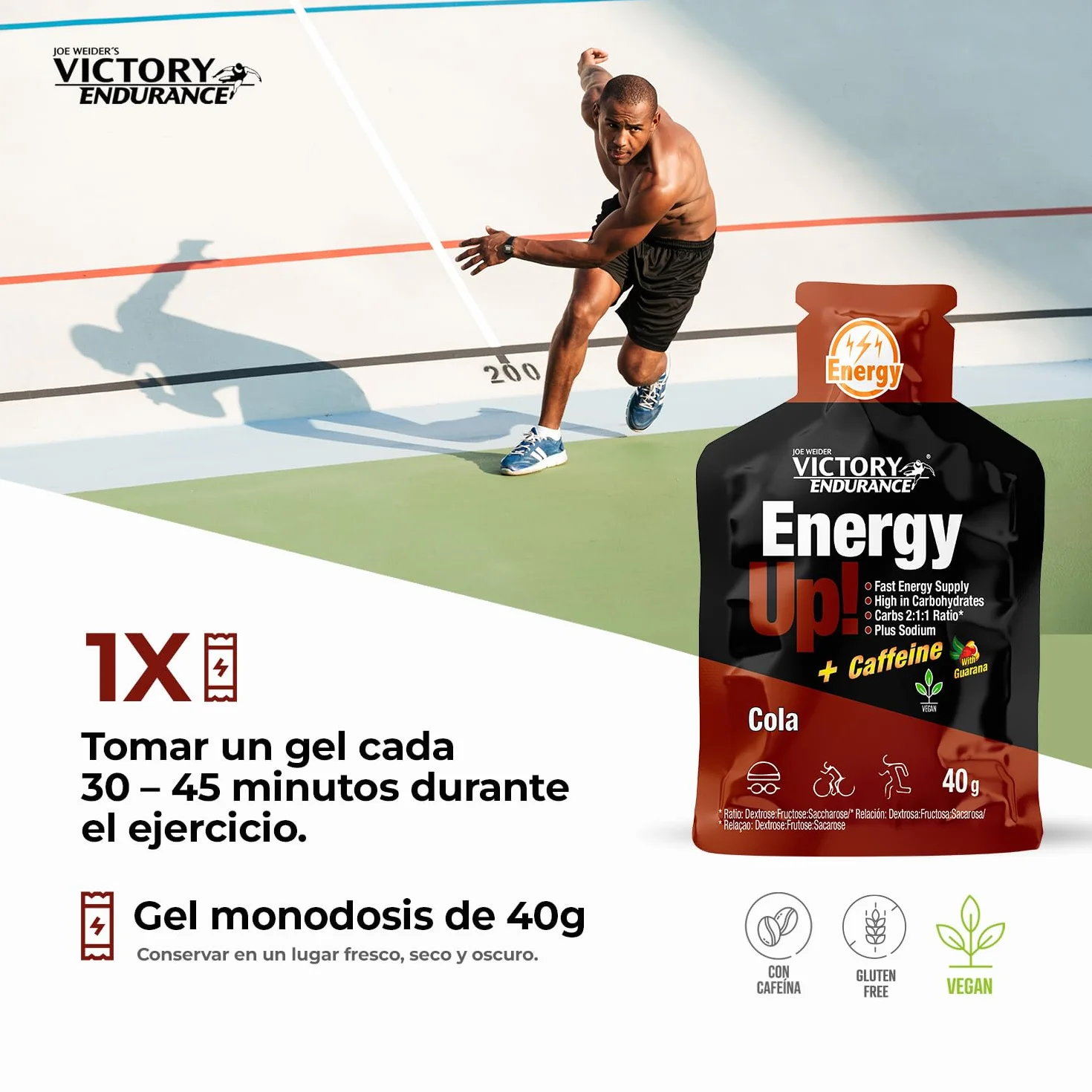 VICTORY ENDURANCE Energy Up Gel Cafeína Sabor Cola, con cafeína, con plus de sodio, 40 g (Paquete de 24)