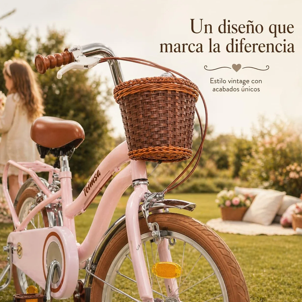 Toimsa - Bicicleta para Niños con Ruedines - Ruedas Hinchables 16 Pulgadas - Diseño Vintage Rosa - Sillin Regulable, Limitador Giro Manillar, Cesta Delantera y Portaequipajes - Bici Infantil +5 años