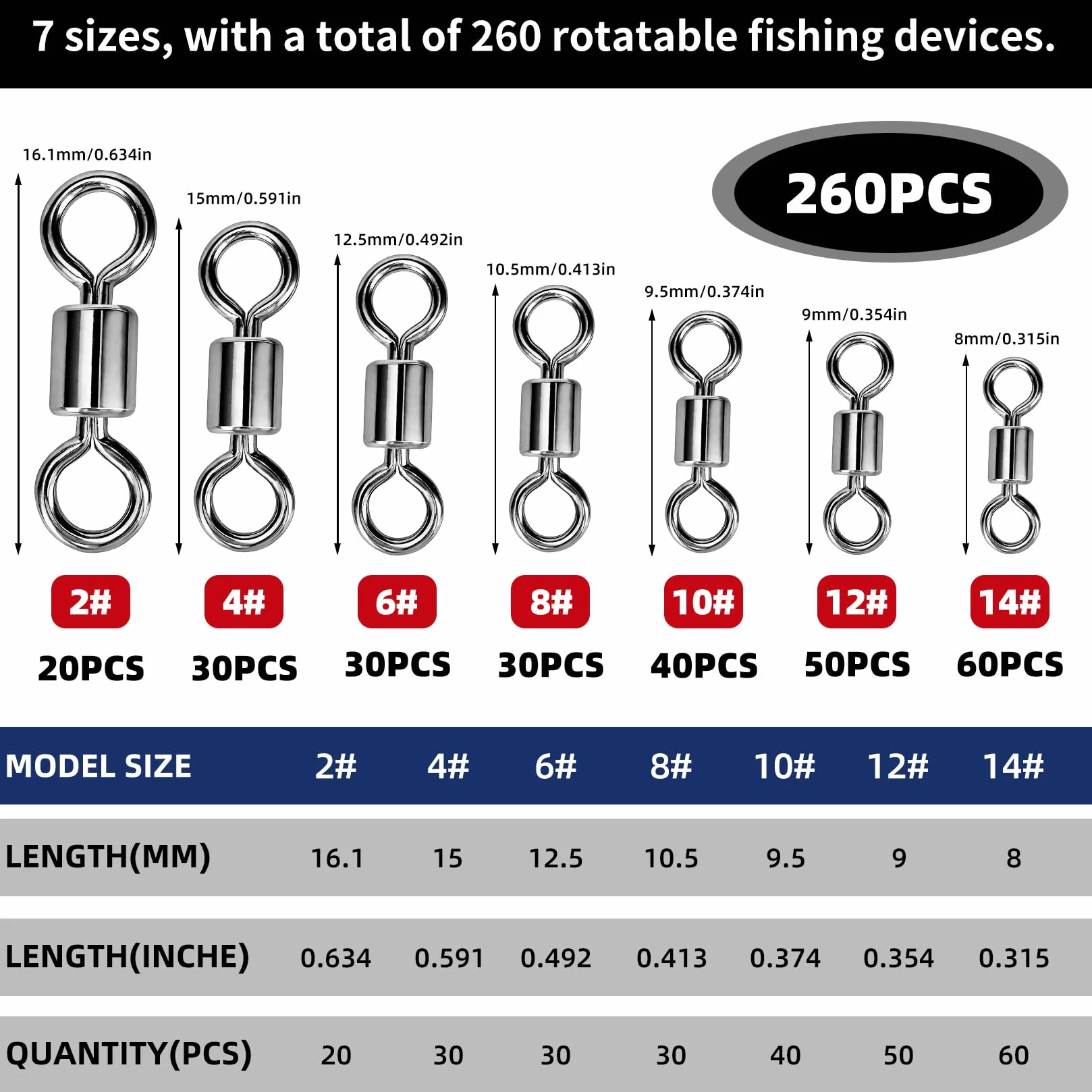 260 Piezas Eslabones Giratorios de Barril para Pesca, 14# 12# 10# 8# 6# 4# 2# Emerillones de Pesca, giratorios pescas Conector para señuelos de pescas competitivos en el mar