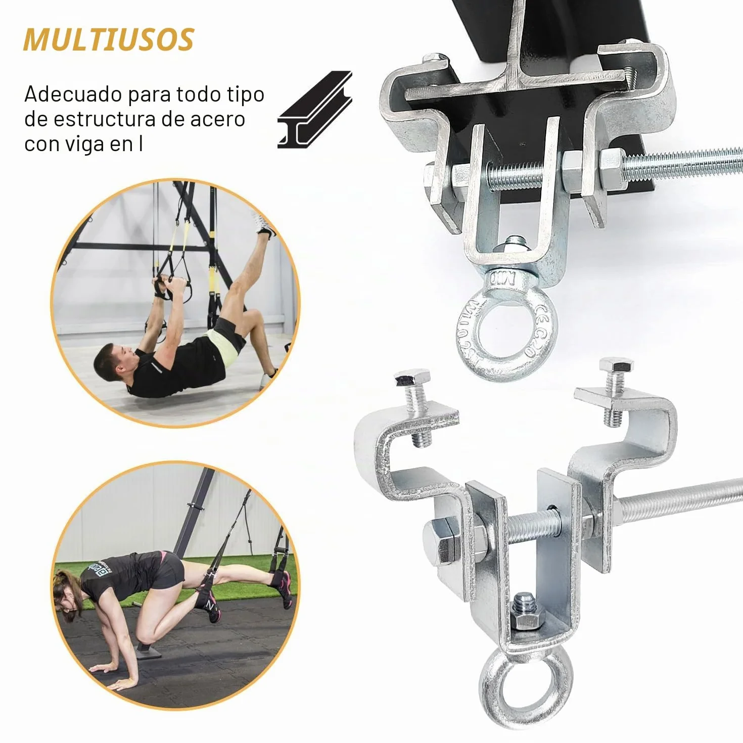 2 piezas Abrazadera Ajustable de Acero – Soporte para Saco de Boxeo, para Cargas Pesadas de Hasta 204 kg, Soporte Saco Boxeo Suelo Techo, Ajustable para Viga de 65 mm a 225 mm