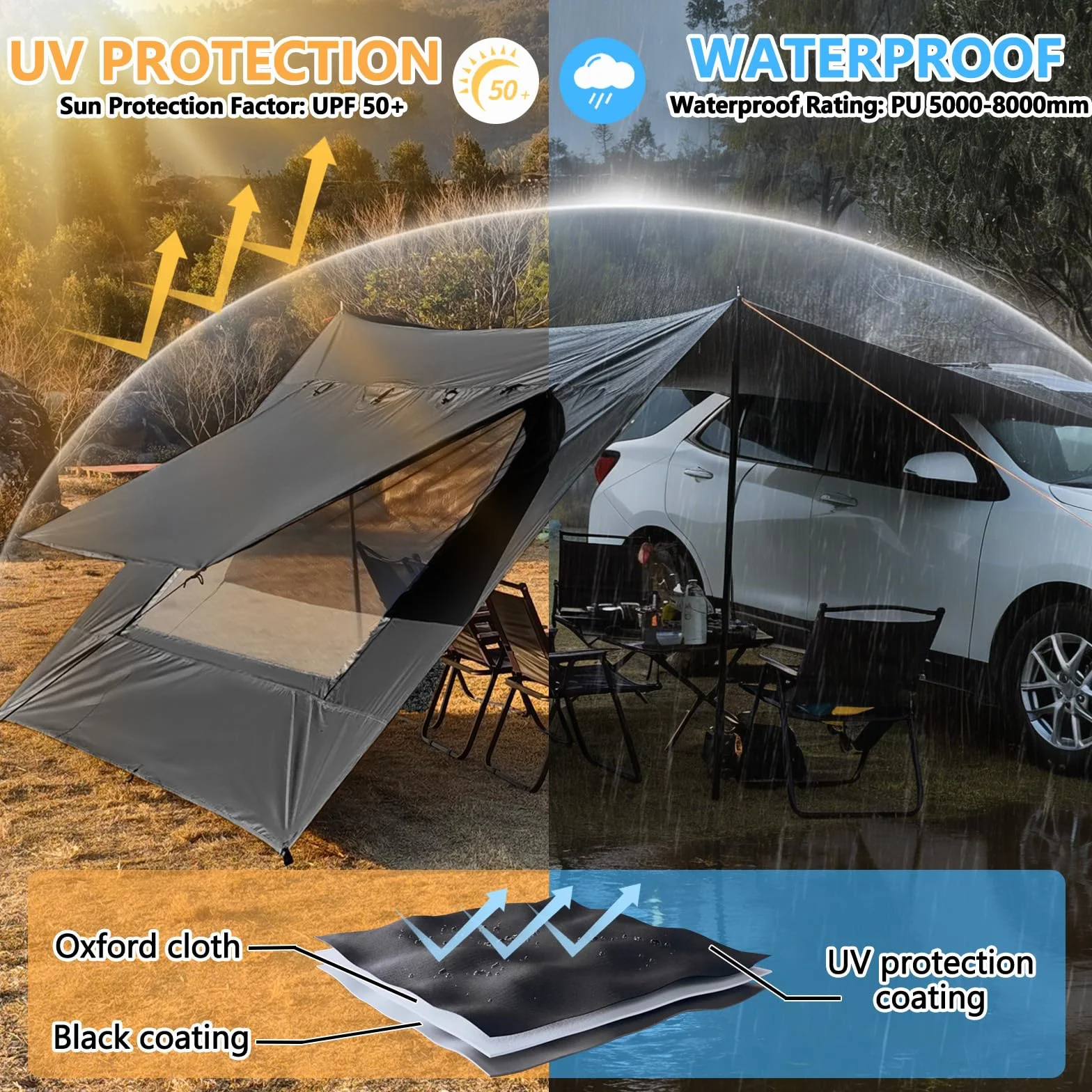 Toldo para caravana 9x16 pies impermeable protector solar refugio lona camping poste negro
