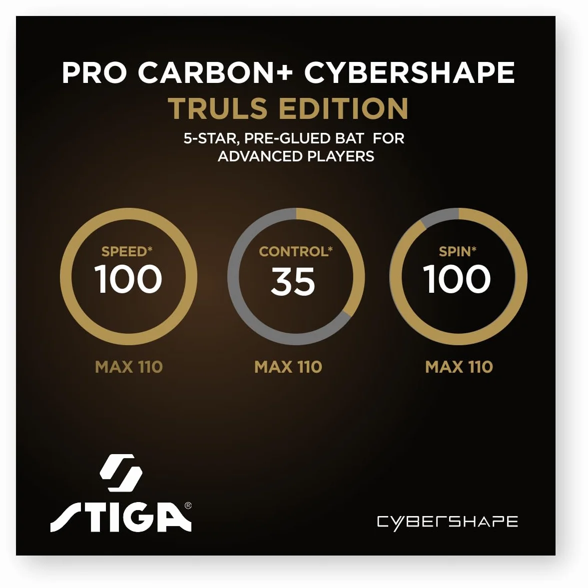 STIGA Pro Carbon Plus Cybershape Truls Edition Pala de Tenis de Mesa, 5 Estrellas; Sweet Spot Optimizado más Grande, Touch Carbon Technology, Goma STAR5 Aprobada por la ITTF, para Jugadores Ofensivos
