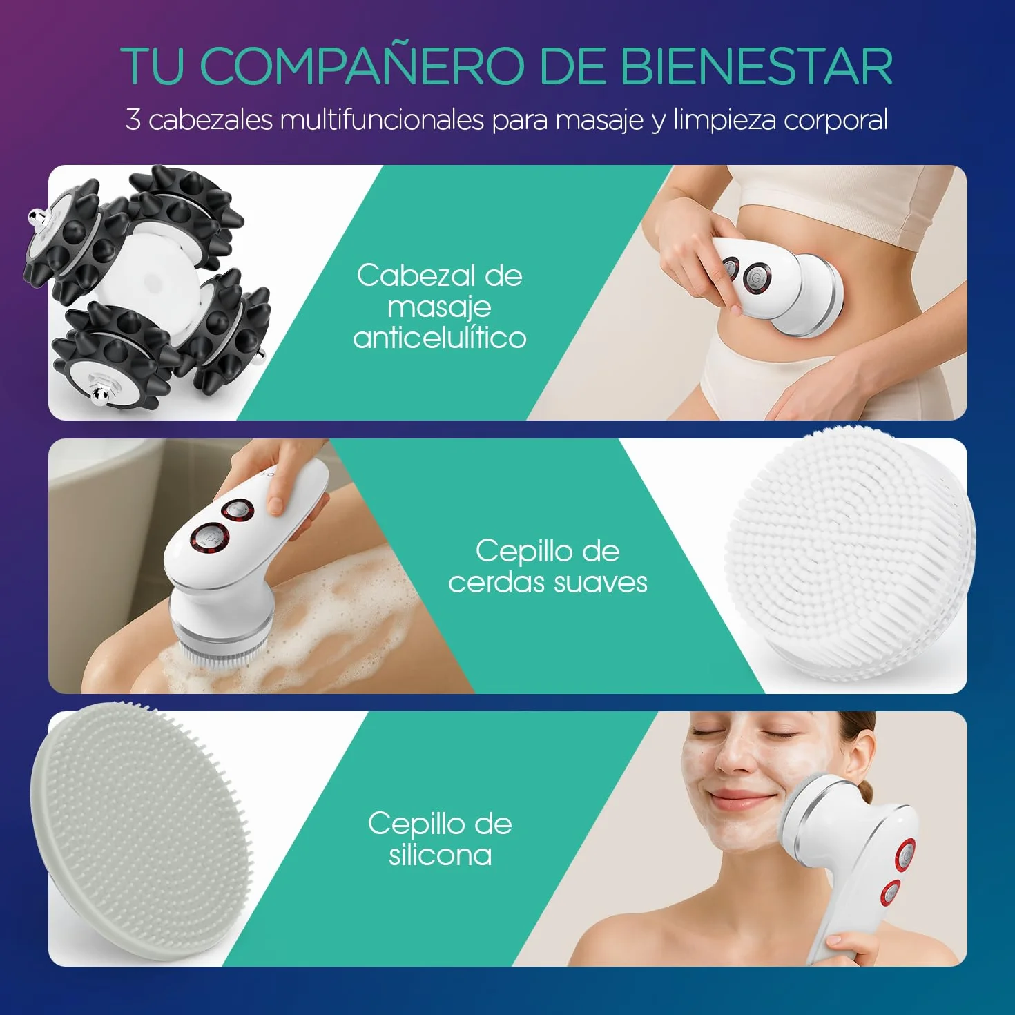 VOYOR Masajeador Anticelulítico Eléctrico IPX7 Impermeable Recargable 3 Cabezas