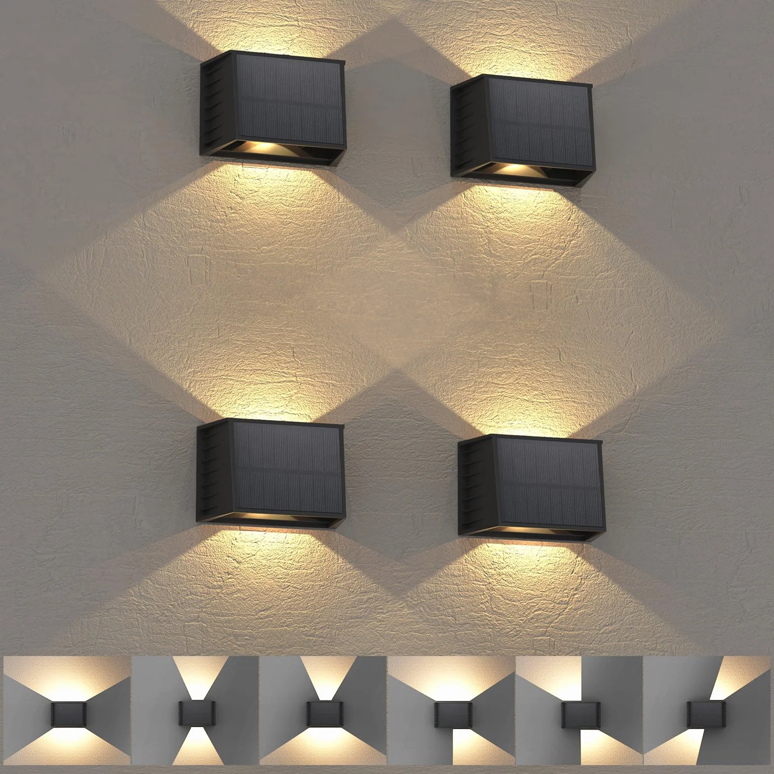 T-SUN Aplique Solar Exterior Pared 4 Piezas, 3000K Blanco Cálido Lámparas Solares Para Exterior Ángulo Del Haz Arriba y Abajo, Luces Solares Exteriores Jardin Impermeable para Porche, Camino, Garaje
