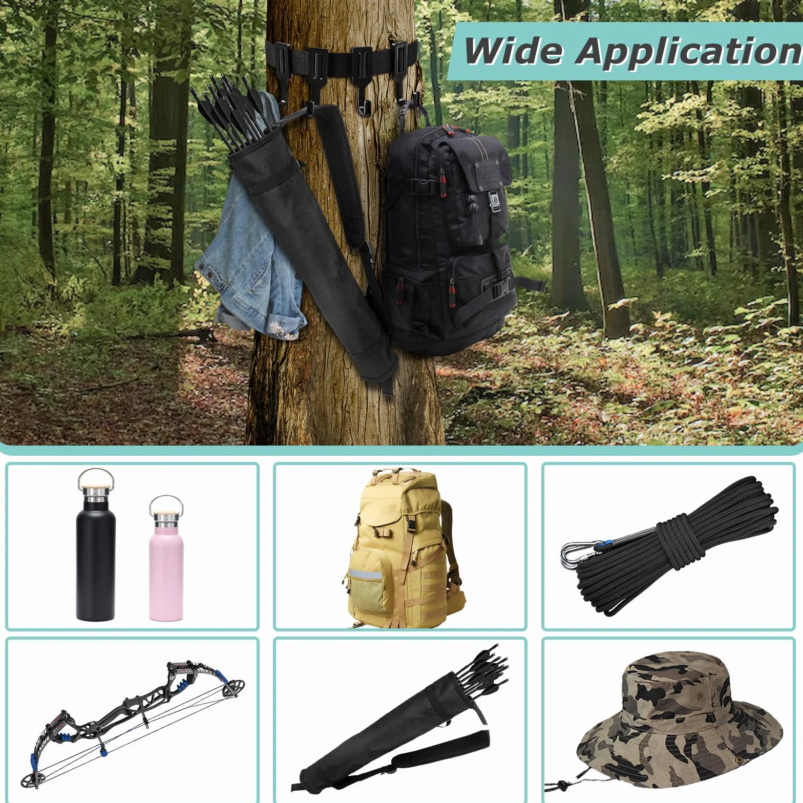 Treestand Strap Gear Hangers, desmontable árbol soporte arco durable arco caza Gear Strap con correa gruesa correa y 4 ganchos de plástico para escalada caza senderismo
