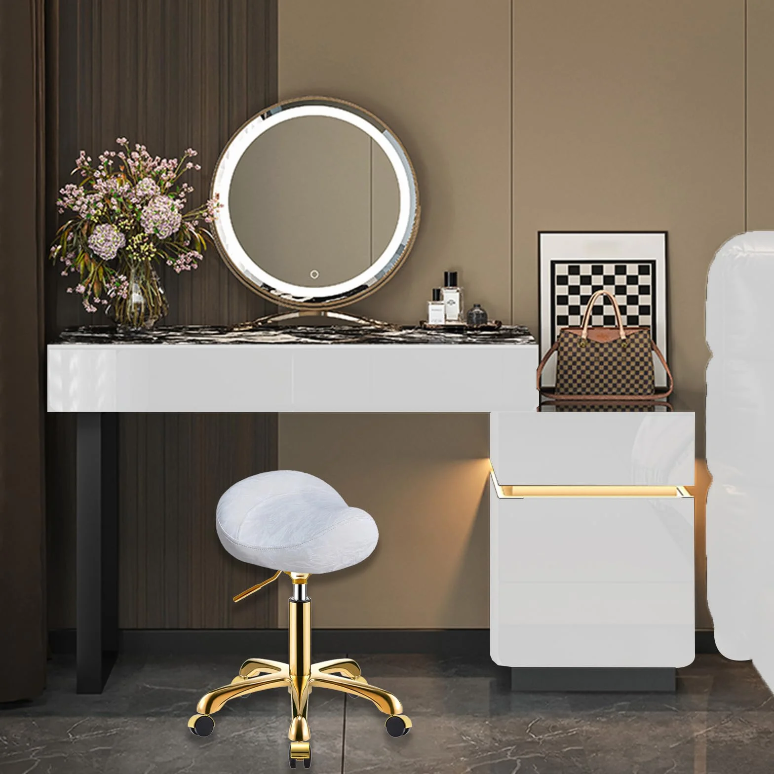 Dorado Taburete de Montar con Ruedas, Silla Tocador Banqueta Regulable, PU Cuero Patrón Glacial Giratoria para Salón y SPA, Oro y Blanco