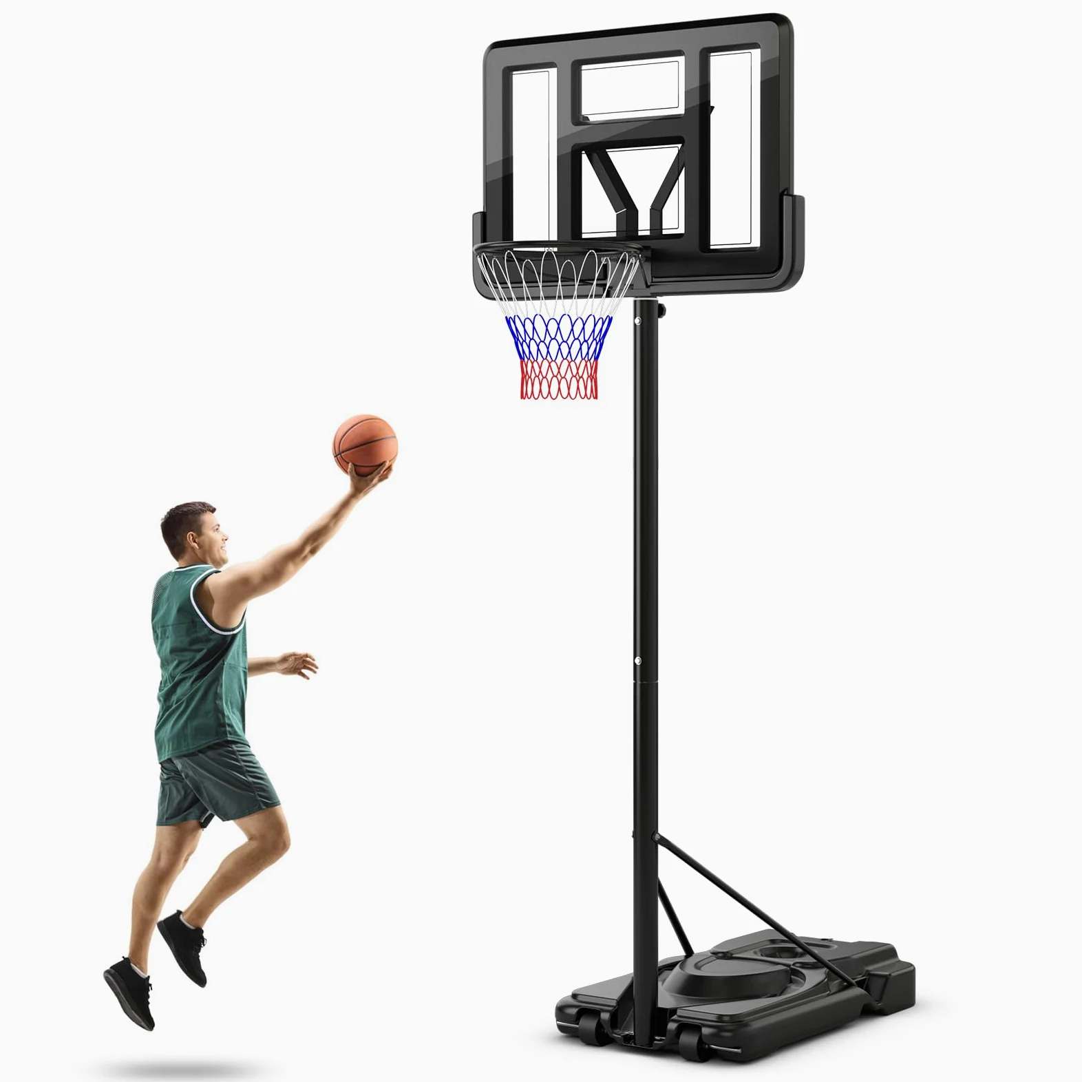 COSTWAY Canasta de Baloncesto Adultos, Altura Ajustable de 9 Niveles, 230-305cm, Aro Baloncesto Exterior con Ruedas, Canasta de Baloncesto Interior Exterior