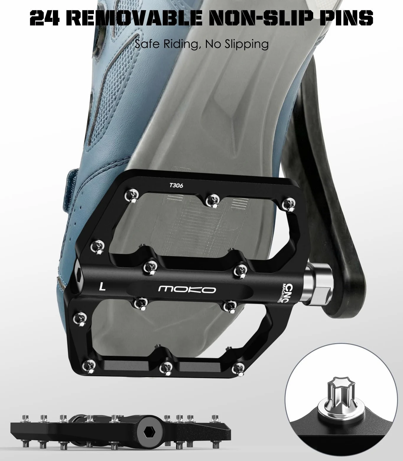 MoKo Pedales para Bicicleta de Montaña 2 Paquetes, Pedales de Aluminio Mecanizados CNC con 3 Rodamientos Sellados, 24 Clavos Antideslizantes, para Bicicleta de Carretera, Bicicleta Eléctrica