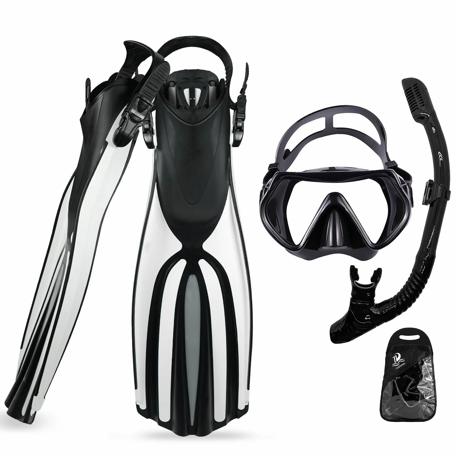 TUDIVING Equipo de Snorkel portátil para Adultos, máscara de Buceo, Snorkel y Aletas de Buceo, Juego de Tres Piezas, Equipo de Snorkel de tamaño de Viaje para Nadar, Hacer Snorkel y bucear