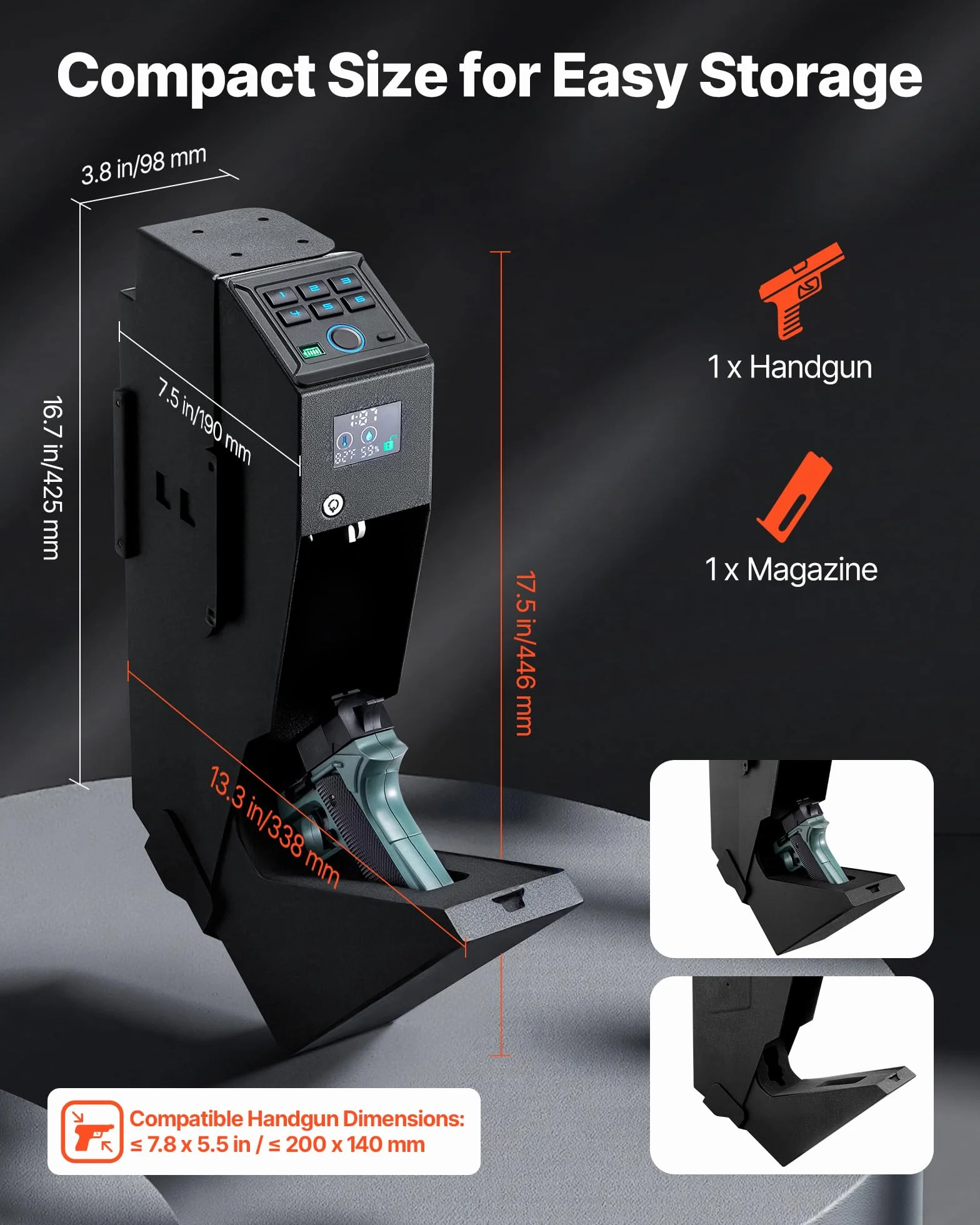 VEVOR Caja Fuerte para Pistolas de Acero, Acceso por Huella Dactilar, Contraseña y Llave, 1 Pistola y 1 Cargador, Negro