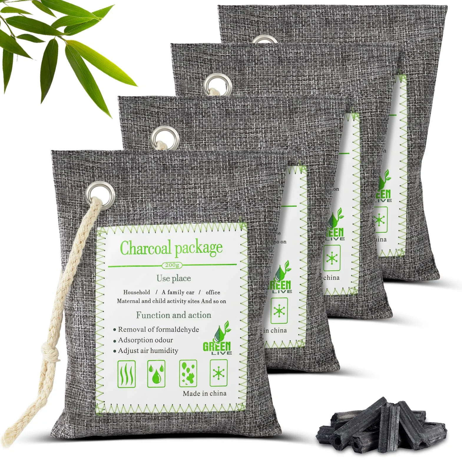 HOTUT Bolsas de Carbón Activado de Bambú 4x200g Purificadoras de Aire Desodorizantes para Coche Baño Armario