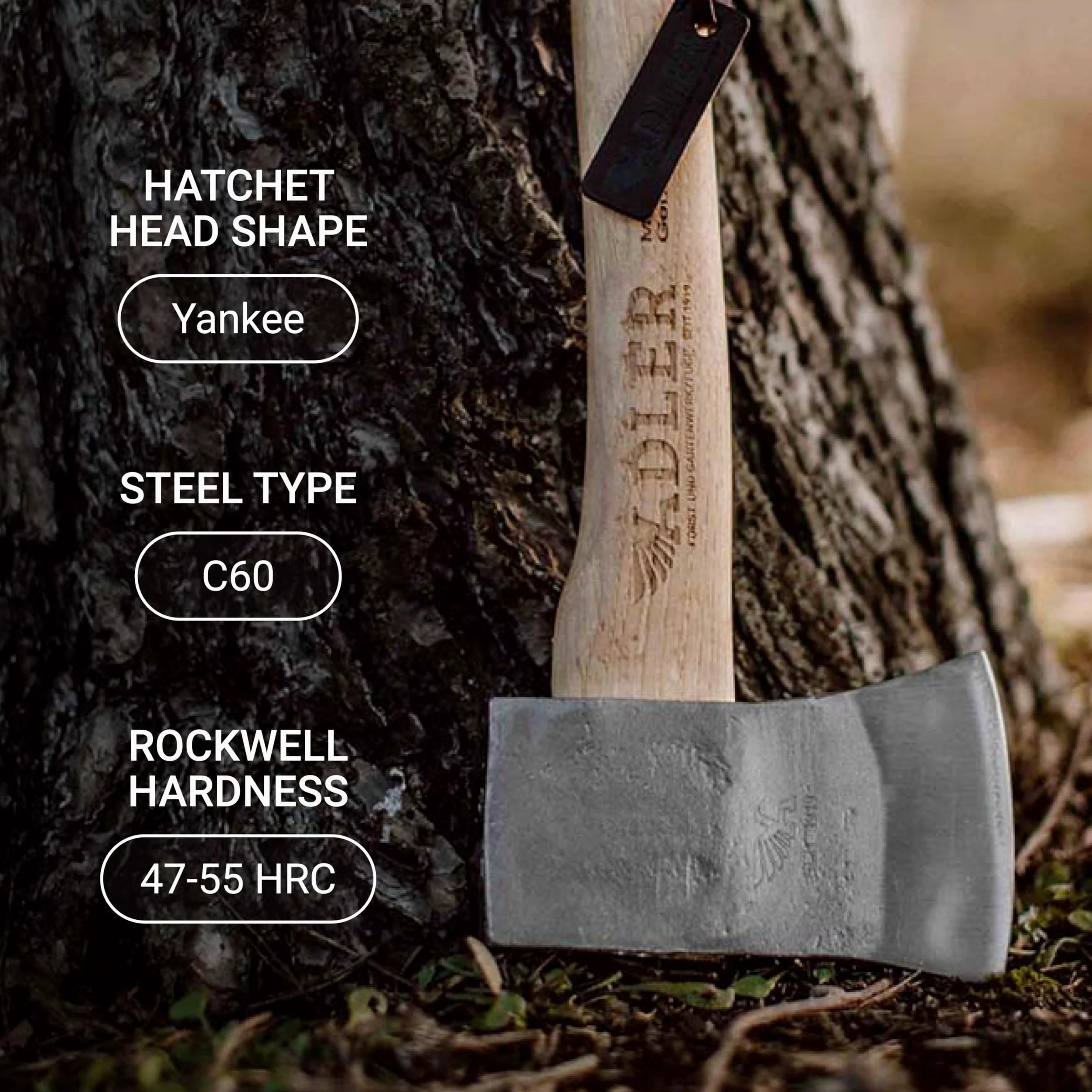 Adler Yankee Hatchet – alemán fabricado con un mango de 15 pulgadas recubierto con pintura de agarre antideslizante – 1,5 libras de peso de la cabeza Funda de piel y bolsa de almacenamiento de
