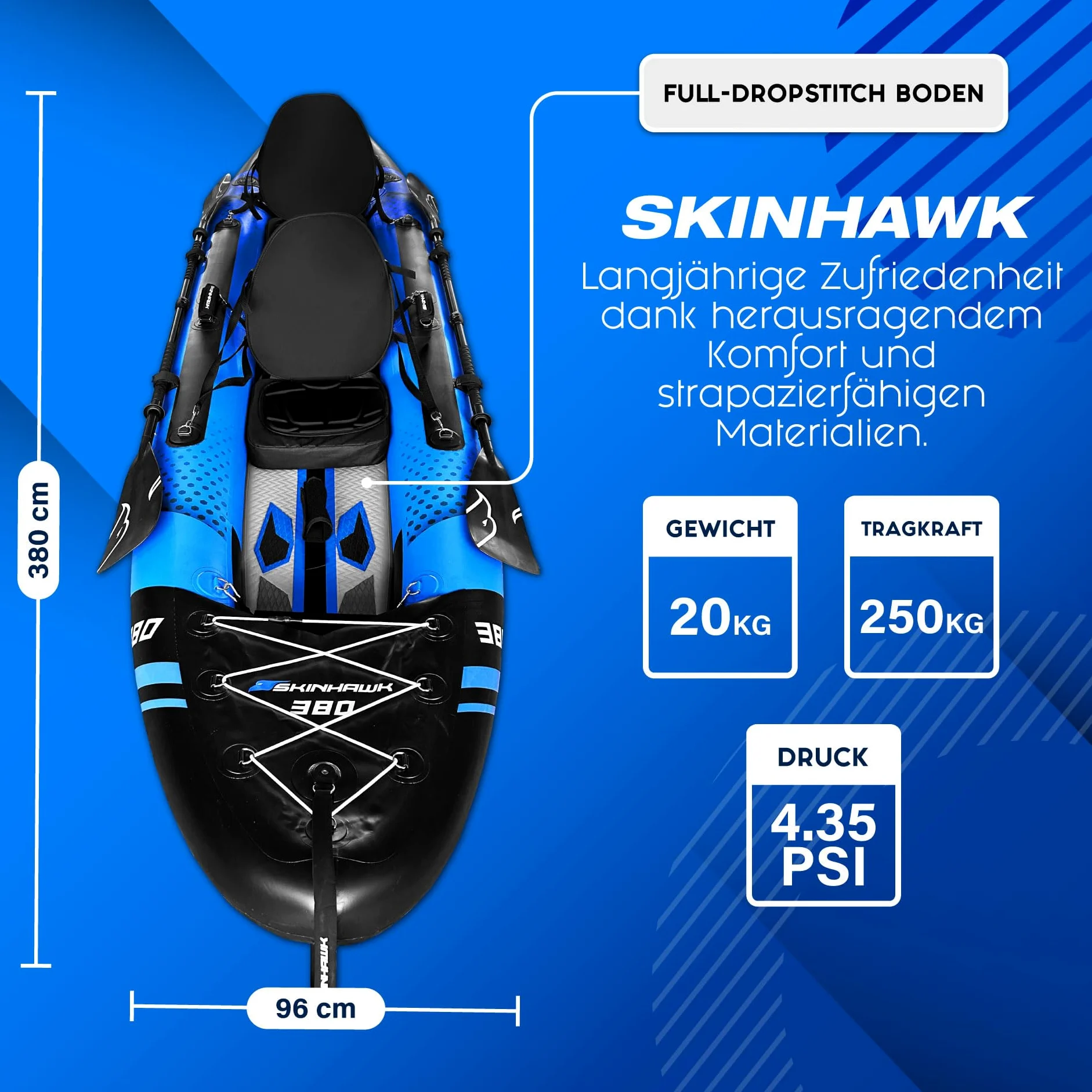 SKINHAWK Exclusivo juego de kayak azul 380 – bote inflable – canoa – 380 x 96 cm – kayak para 2 personas