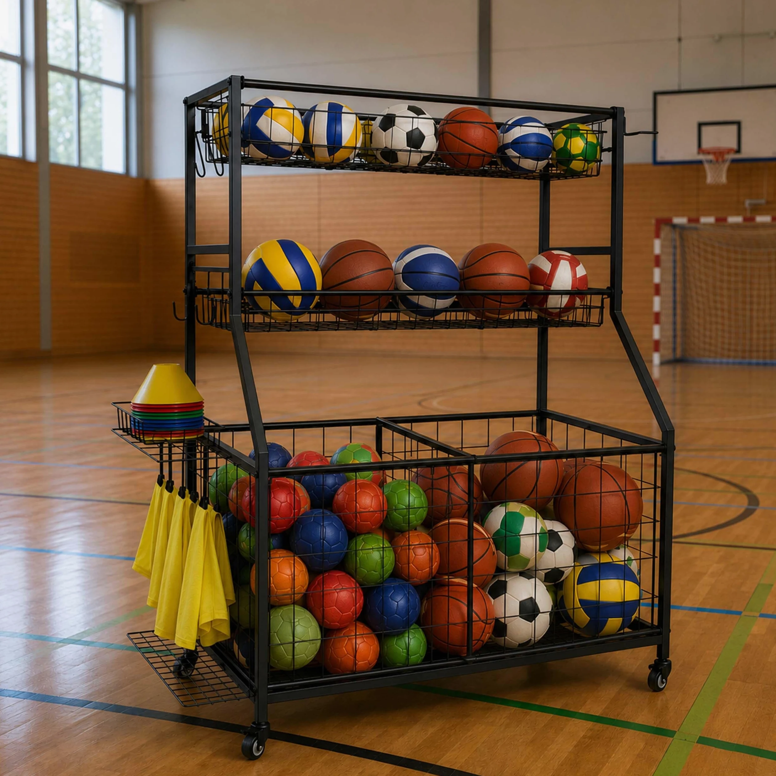 Relaxdays Organizador Deportivo Negro, 4 Ruedas (2 con Freno) | 116 x 91,5 x 43 cm, carro para pelotas, metal