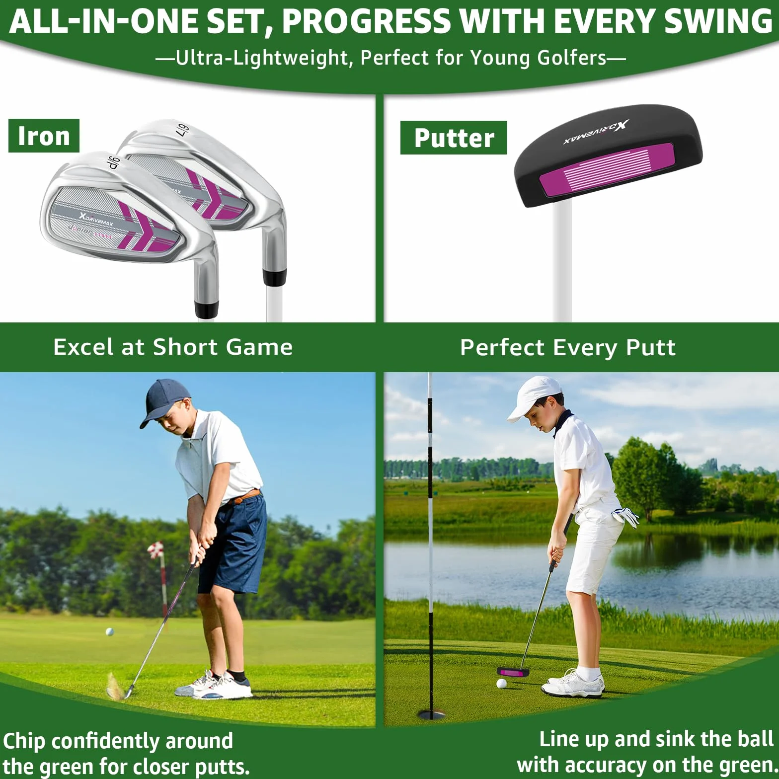 XDriveMax Juego de palos de golf para niños de 5/6 piezas, juego de palos de golf junior de 4 a 12 años, incluye bolsa de soporte, 1# Drive, 5# híbrido, 6/7#, 9/P # hierros y putter mano derecha para