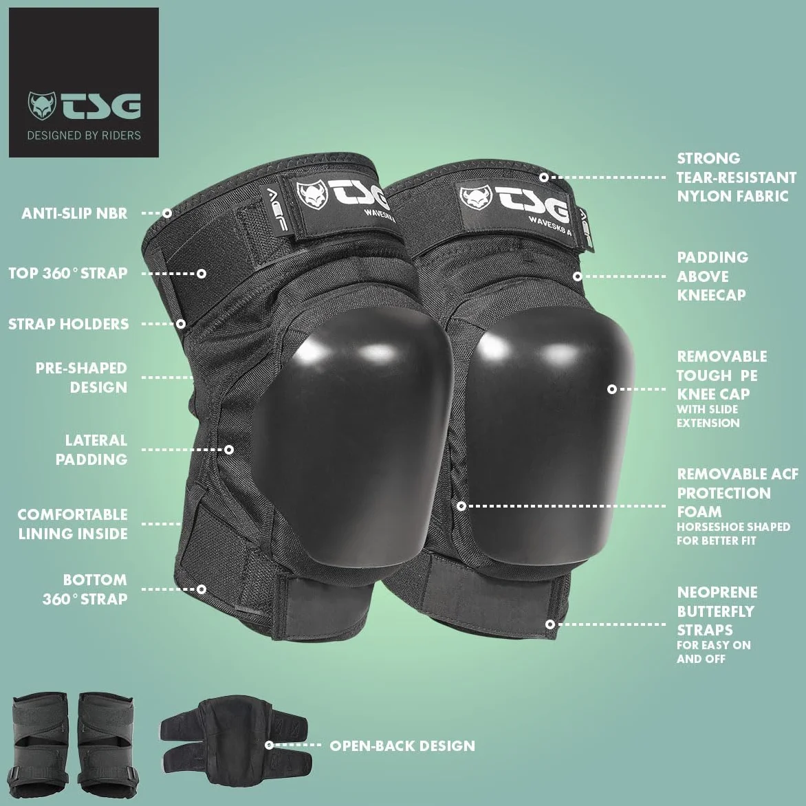 TSG Wavesk8 A Rodillera - Surf, protección de rodilla de patín, rígida, extraíble ACF, acolchado lateral, forro NBR antideslizante, nailon resistente al desgarro, correas de velcro, puños antideslizantes, preformados, espalda abierta, negro
