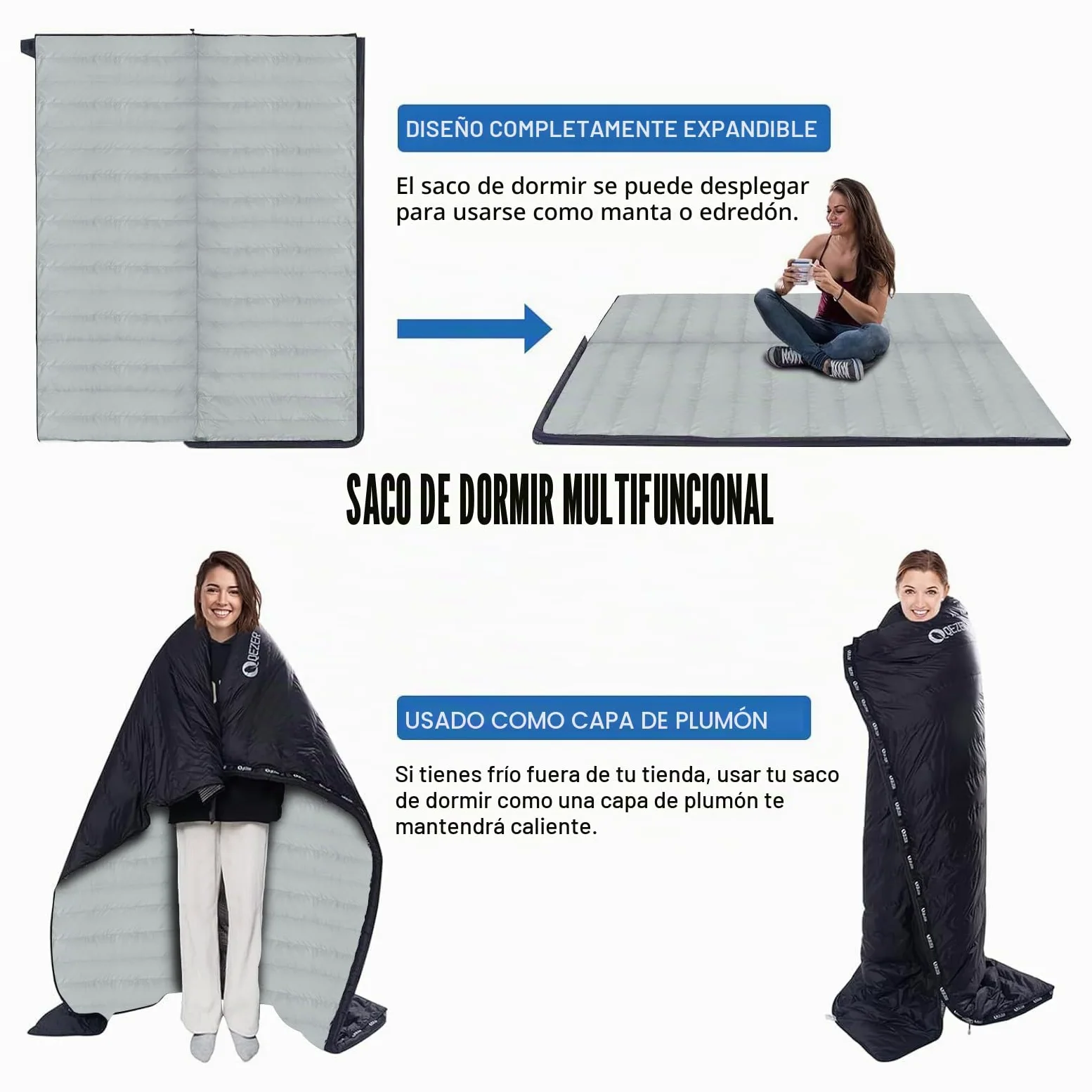 Saco de Dormir Plumón Invierno 1000g - 3 en 1, Diseño de Cámaras Térmicas sin Capucha, Compresión 40x21cm (Camping/Senderismo) - Conectable para Parejas