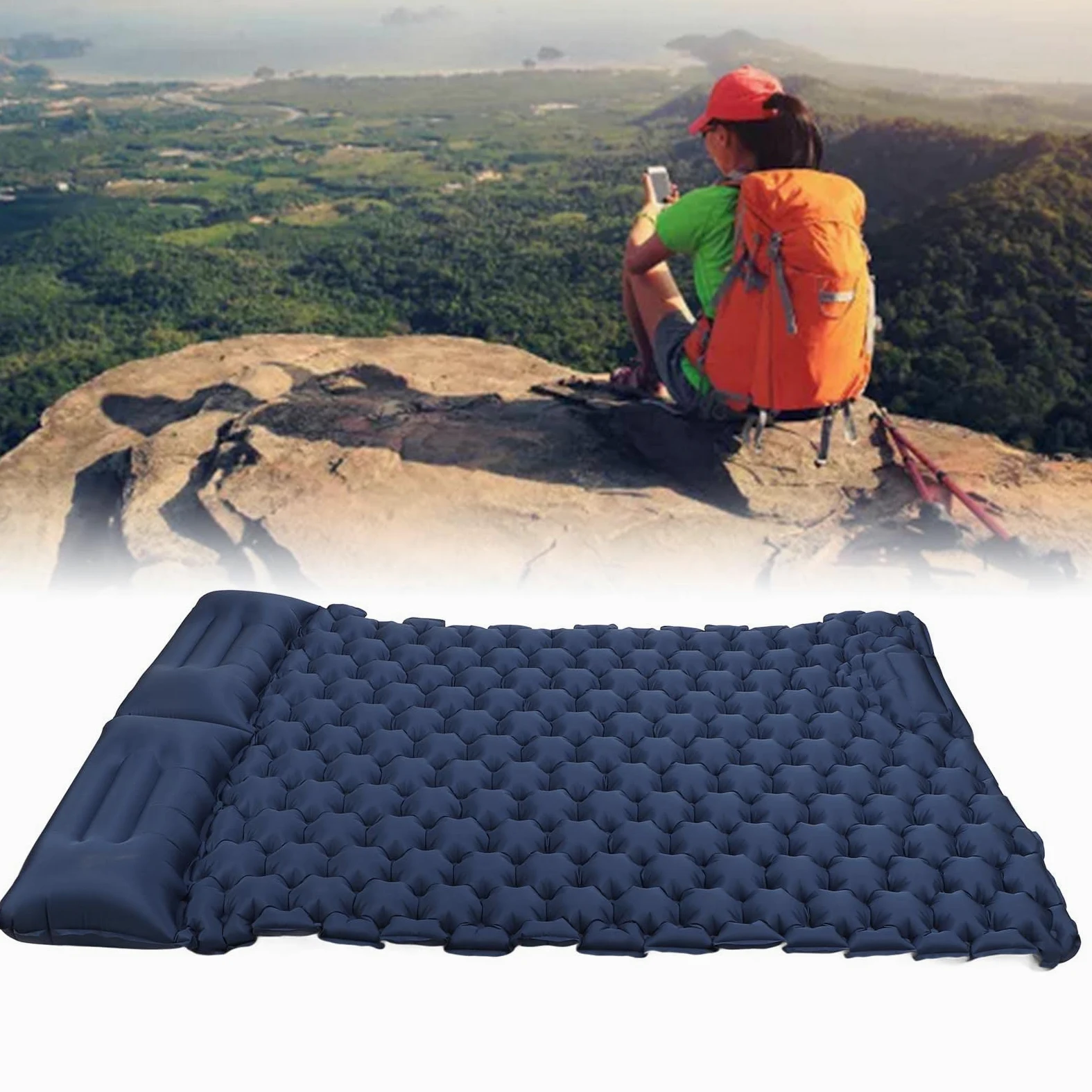Colchoneta Inflable Doble para Acampar con Almohada, Colchoneta Doble Autoinflable con Almohada, Colchoneta De Nailon Impermeable para Exteriores para Senderismo, Camping (Azul Oscuro)