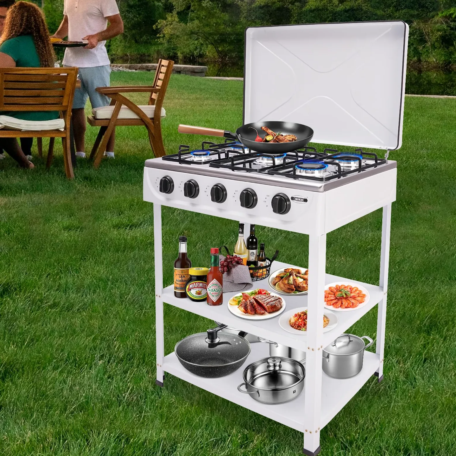 Hornillo de gas para camping independiente, 5 quemadores, portátil, para camping, cocina de gas natural, con 2 estantes, 2,5 kW, para autocaravana, camping (blanco)