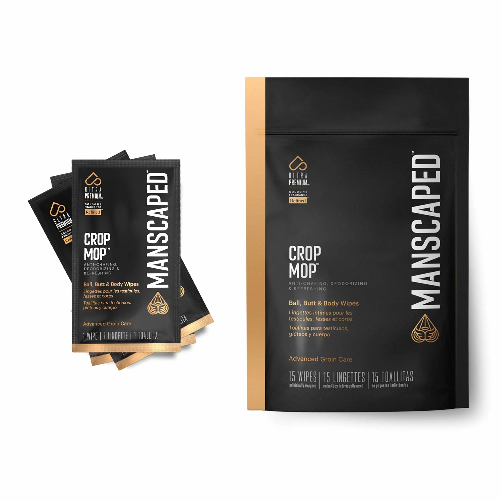 MANSCAPED® The Crop Mop® Toallitas íntimas para testículos, pack de 15 toallitas húmedas antirrozaduras para higiene masculina