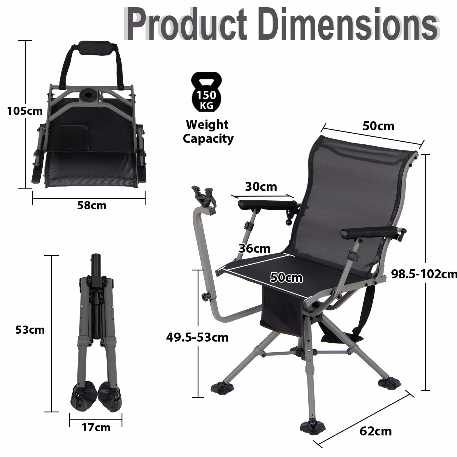 KOMFOTTEU Silla de Caza Giratoria 360°, Silla Plegable de Exterior con Soporte para Rifle Ajustable y Patas Ajustables, Asiento de Francotirador con Bolsillo de Transporte, Carga 150 kg (Modelo I)