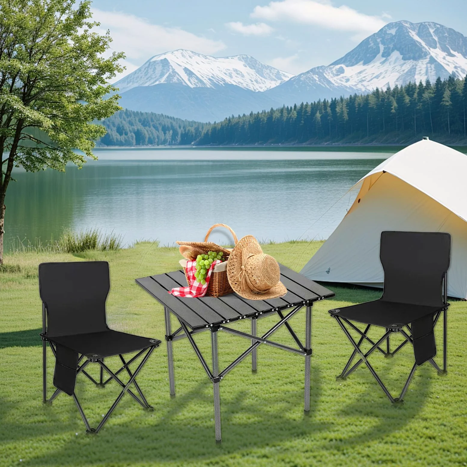 Oxford Camp Gear - Mesa de Camping Plegable, Mesa de Picnic Ligera y 2 sillas para Senderismo, Muebles de Exterior portátiles para Adultos, Barbacoa y Viajes