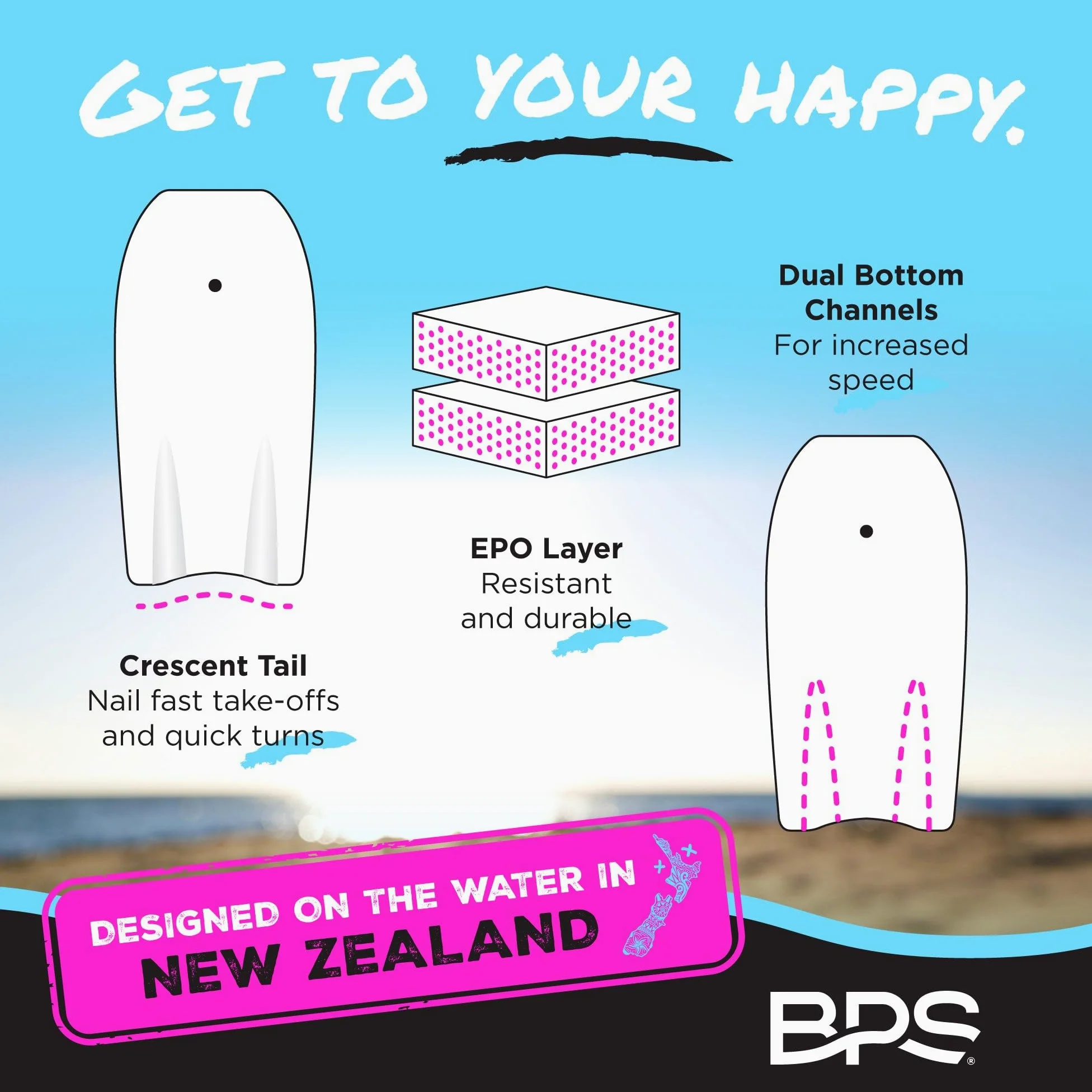 BPS New Zealand Shaka - Tabla de cuerpo para todas las condiciones de onda, ligera con núcleo de EPS, parte inferior lisa de polietileno de alta densidad, tablas de cuerpo para playa con correa de