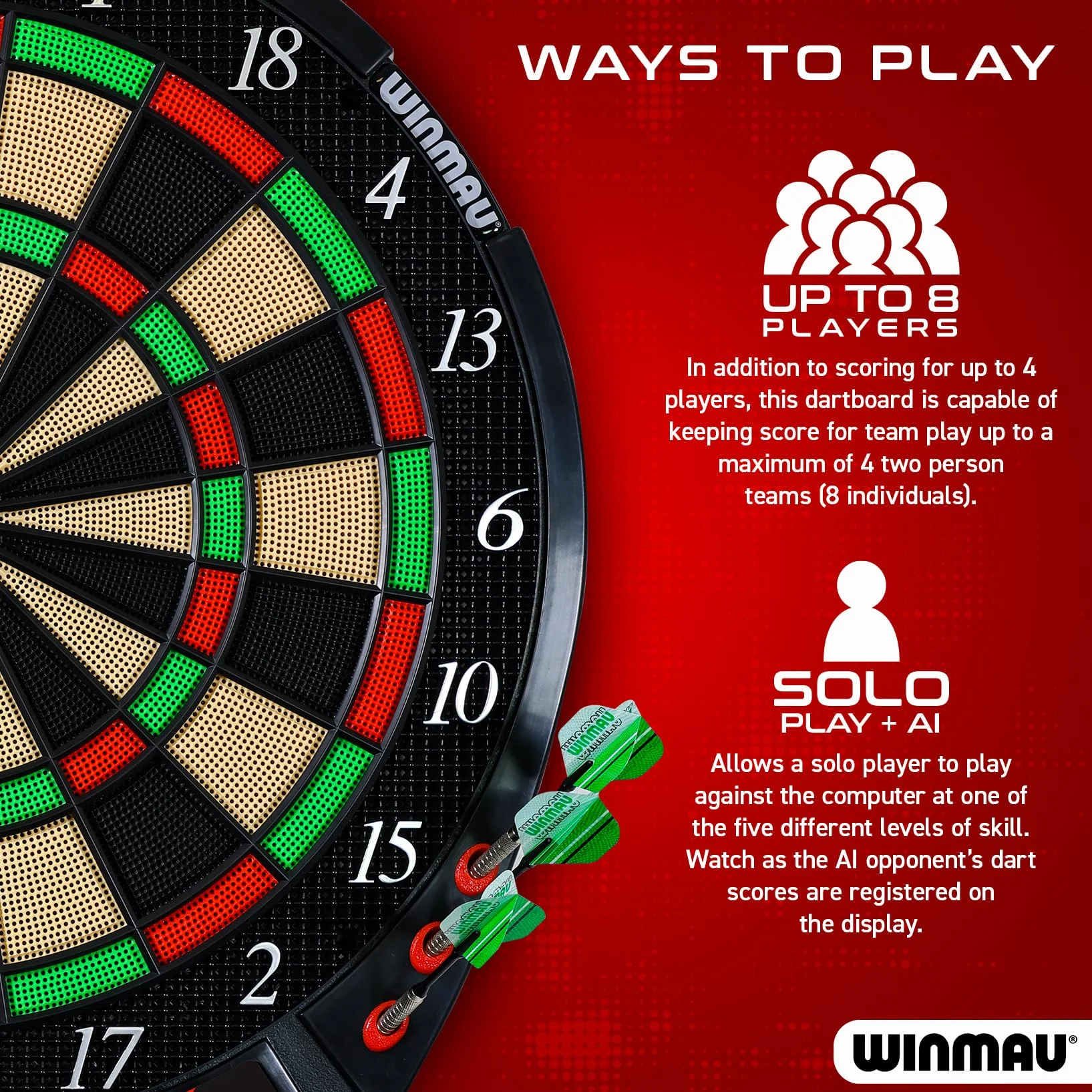 WINMAU Darts - Ton Machine Tablero de Dardos electrónico con más de 90 Juegos y Marcador Digital para 8 Jugadores: 2 Juegos de Dardos de Punta Blanda, línea de Lanzamiento y Puntas de plástico