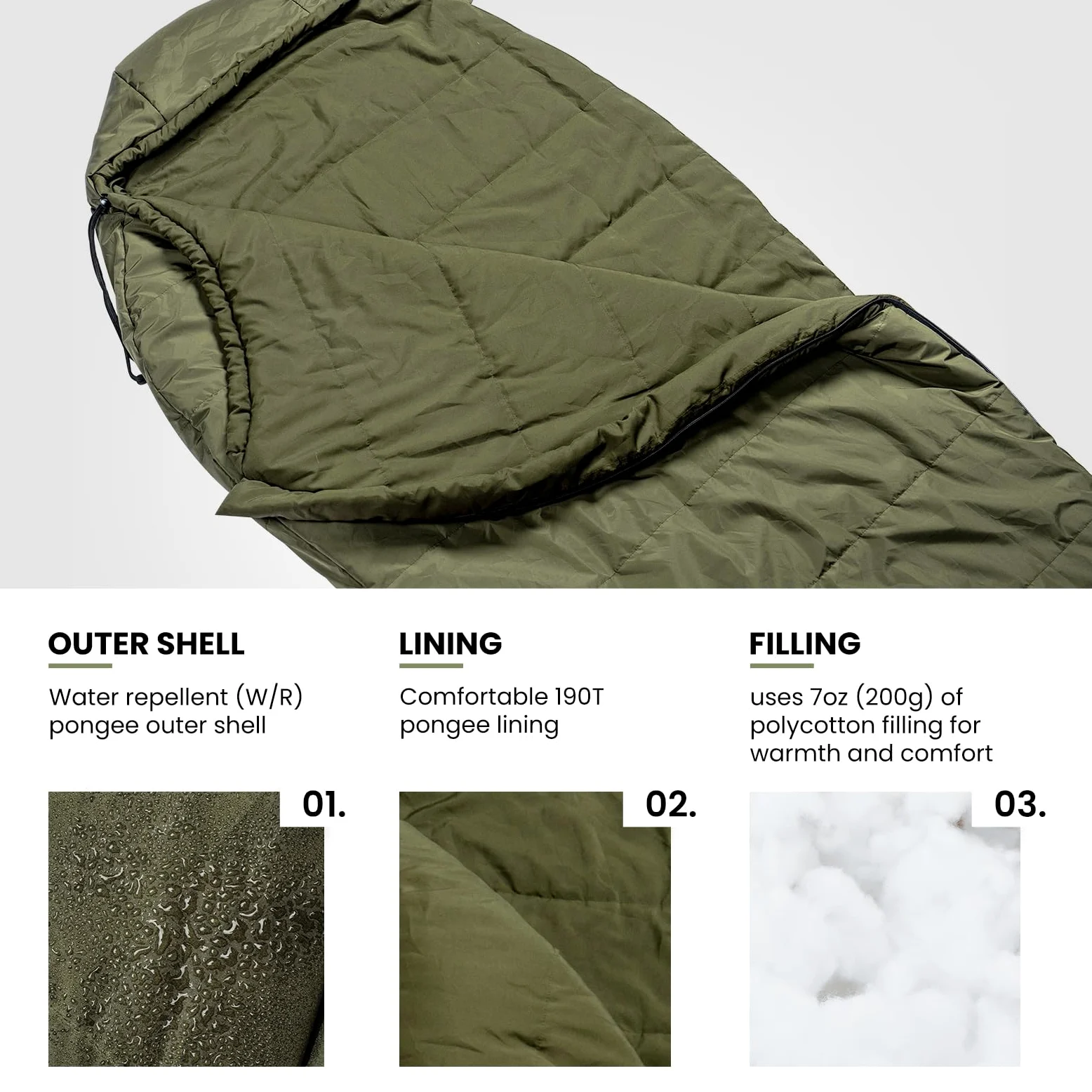OneTigris Sacos de Dormir de Bushcrafter Tela de Pongee, Unisex, OD Verde, 6.8ft2.7ft/210cm84cm