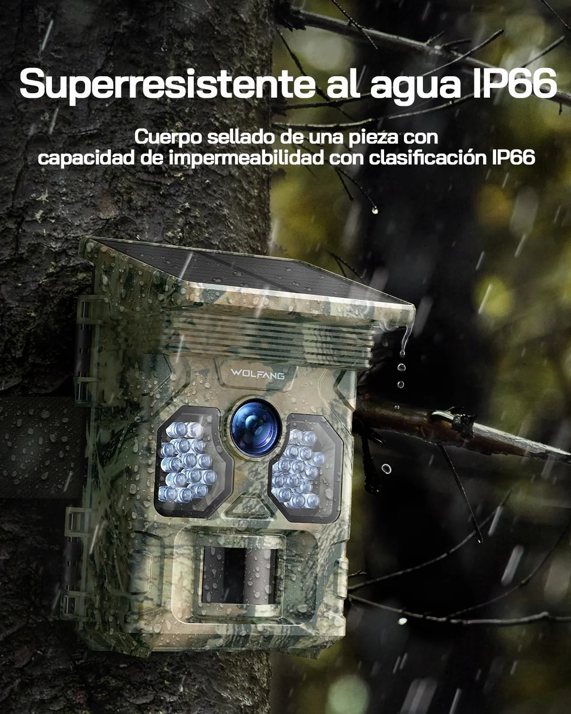WOLFANG Cámara de Caza Solar 4K 48MP, Camara Fototrampeo con Visión Nocturna, Disparo de 0.1 s, IP66 Impermeable, Camara Caza para Monitoreo de Vida Silvestre con Tarjeta Micro SD 32GB