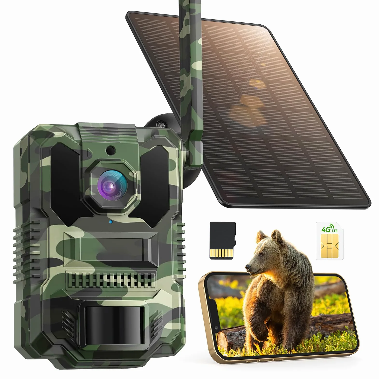 DEATTI 4G LTE Cámara de Caza 2.7K con Tarjeta SIM, Solar Camara Fototrampeo con App, Detección PIR por Infrarrojos Invisible, Cámara Caza Nocturna con 8000mAh Batería, Tarjeta TF de 64 GB IP66