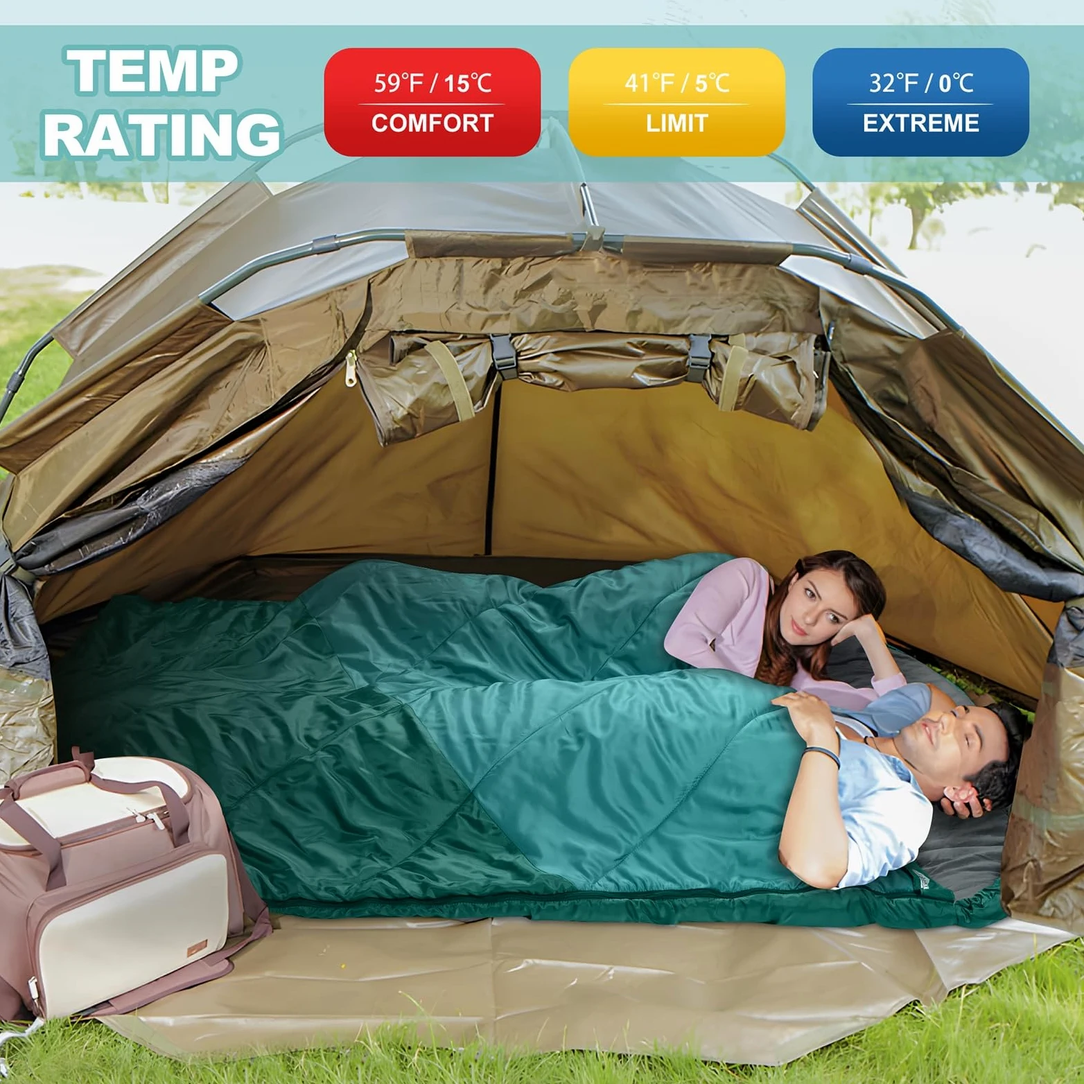 Saco de dormir doble, saco de dormir para 2 personas, tamaño Queen, para adultos, parejas, familia, camping, mochileros, XL, impermeable, ligero, para clima frío y cálido (azul lago)