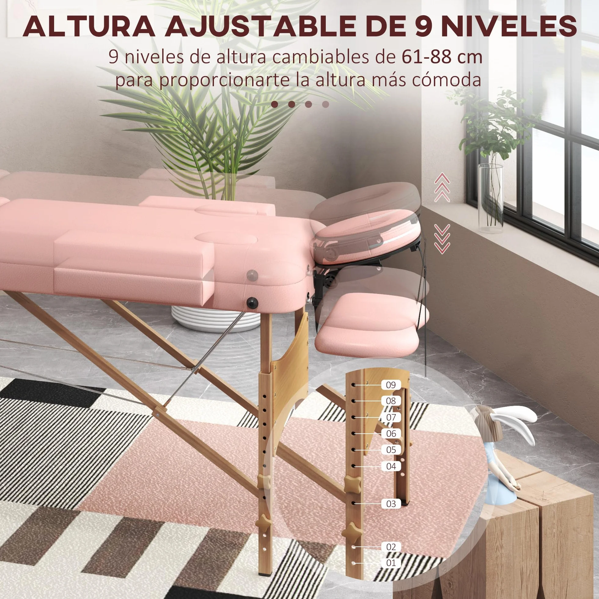 HOMCOM Camilla de Masaje Plegable 210x81 cm Profesional con Reposacabezas Extraíble y Altura Regulable Rosa