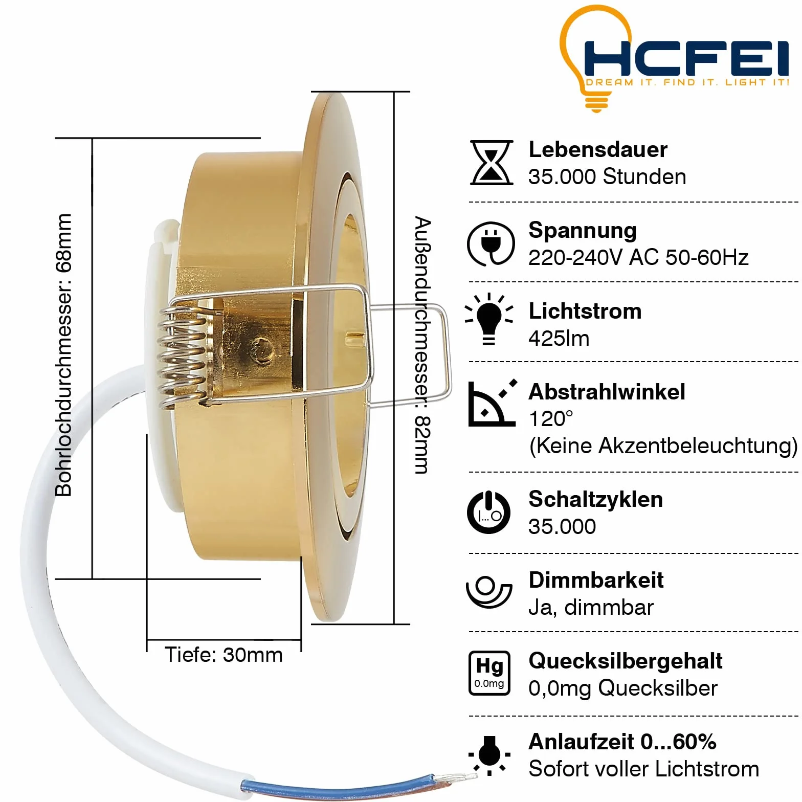 HCFEI Foco LED empotrable regulable 5W 230V 68mm blanco cálido 3000K 10 unidades