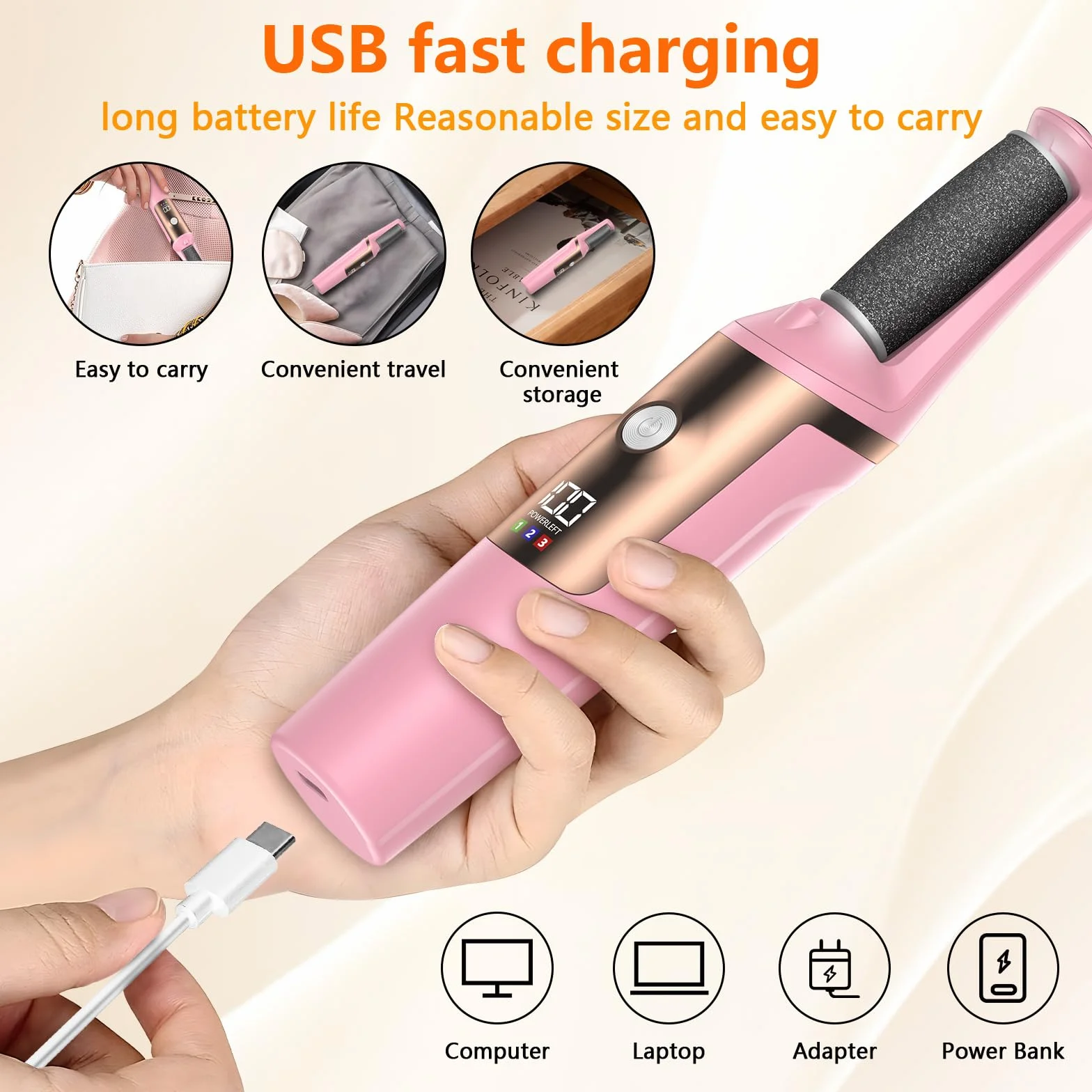 Lima Eléctrica Profesional Pedicura, 3 Velocidades, Impermeable, Larga Vida de Batería, Rosa