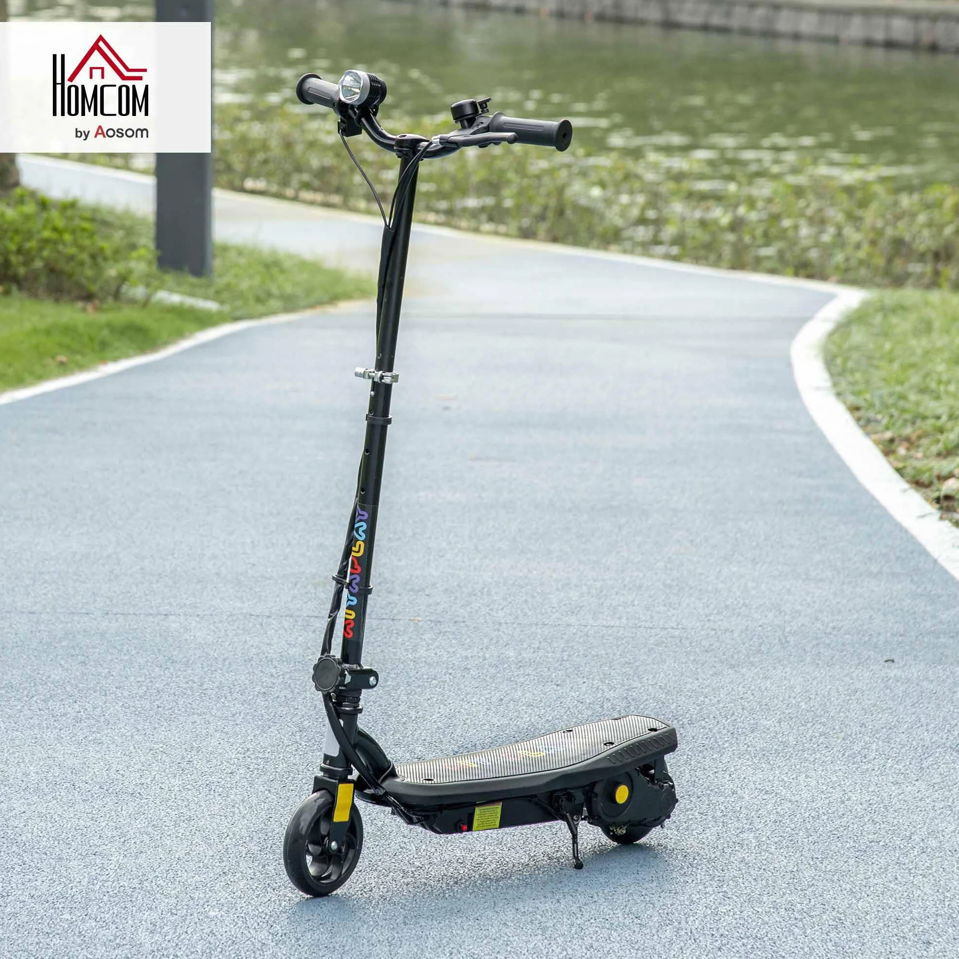 HOMCOM Patinete Eléctrico para Niños de 7-14 Años, Plegable, Patín Eléctrico, MAX. 12 km/h, Motor 120 W, Autonomía Máxima 10 km, con Manillar Ajustable en Altura, Faro LED y Freno