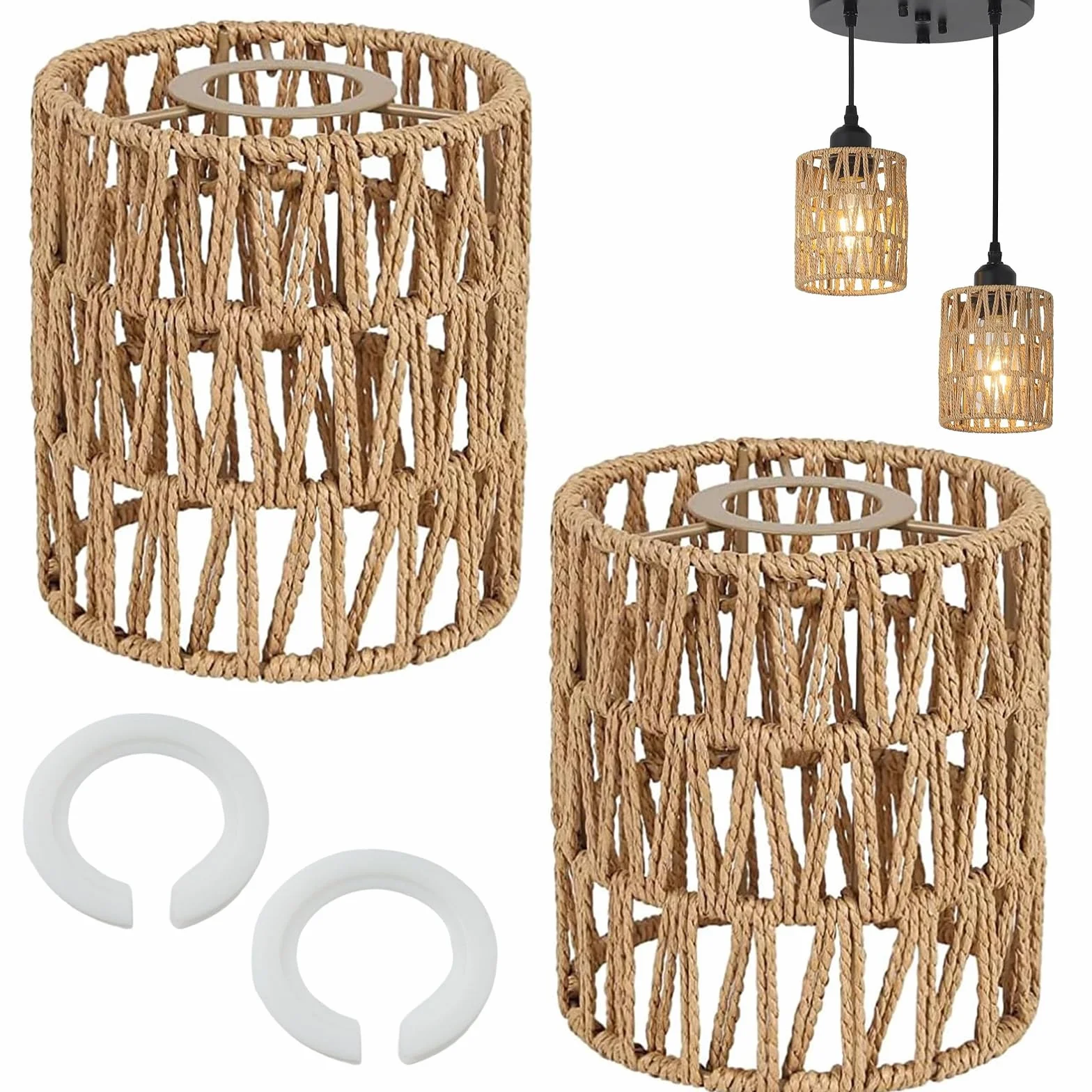 Pantalla Lámpara Ratán 2 Piezas Boho E27 E14 Lámparas de Mesa Colgantes