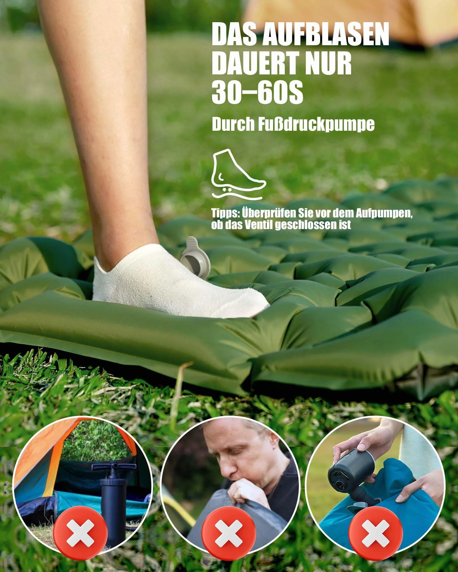 AKSOUL Colchoneta Autoinflable para Dormir para Acampar: Utraligero Esterilla Inflable Portatíl Colchón Individual, concon Bomba de Pie para Camping, Exteriores, Viaje