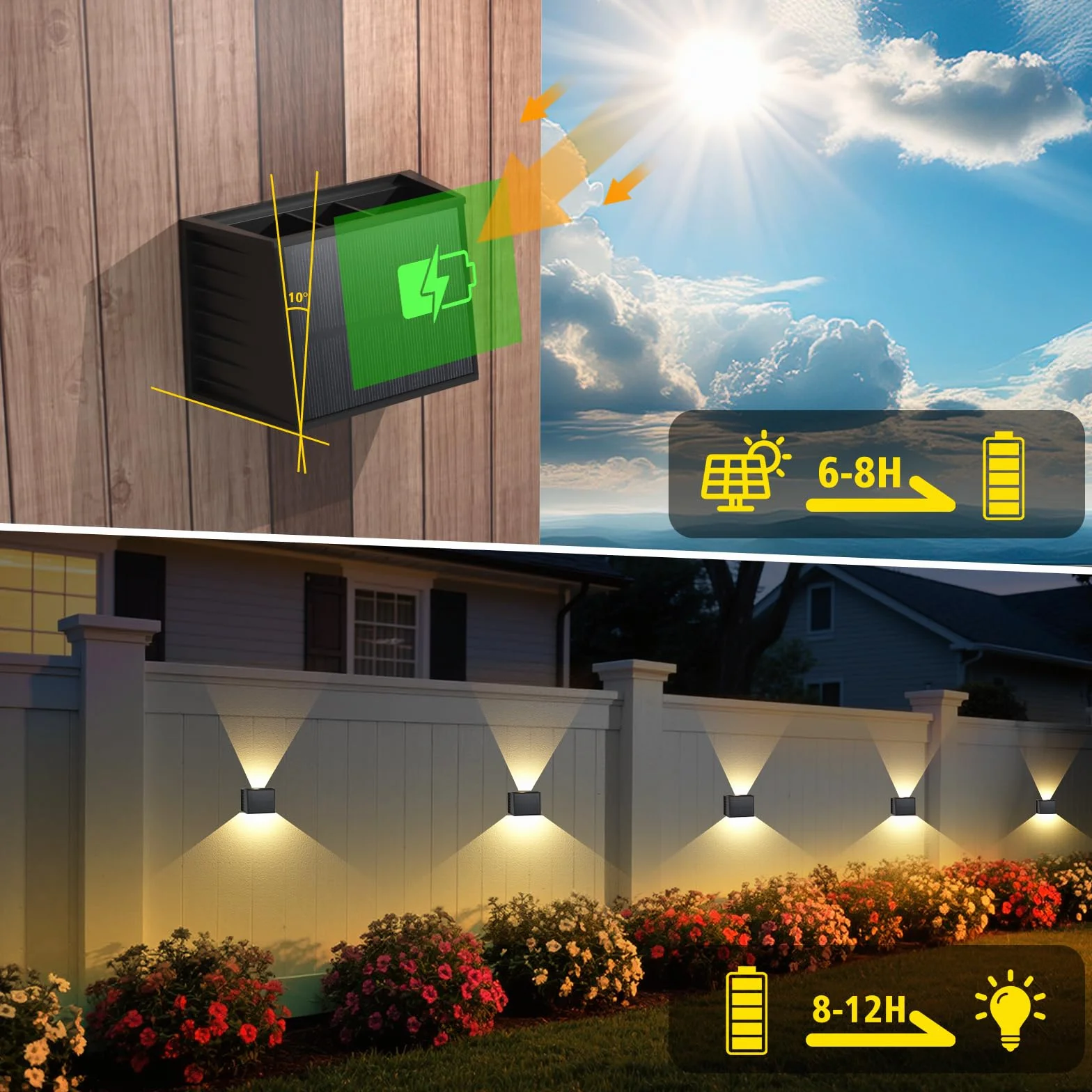 T-SUN Aplique Solar Exterior Pared 4 Piezas, 3000K Blanco Cálido Lámparas Solares Para Exterior Ángulo Del Haz Arriba y Abajo, Luces Solares Exteriores Jardin Impermeable para Porche, Camino, Garaje