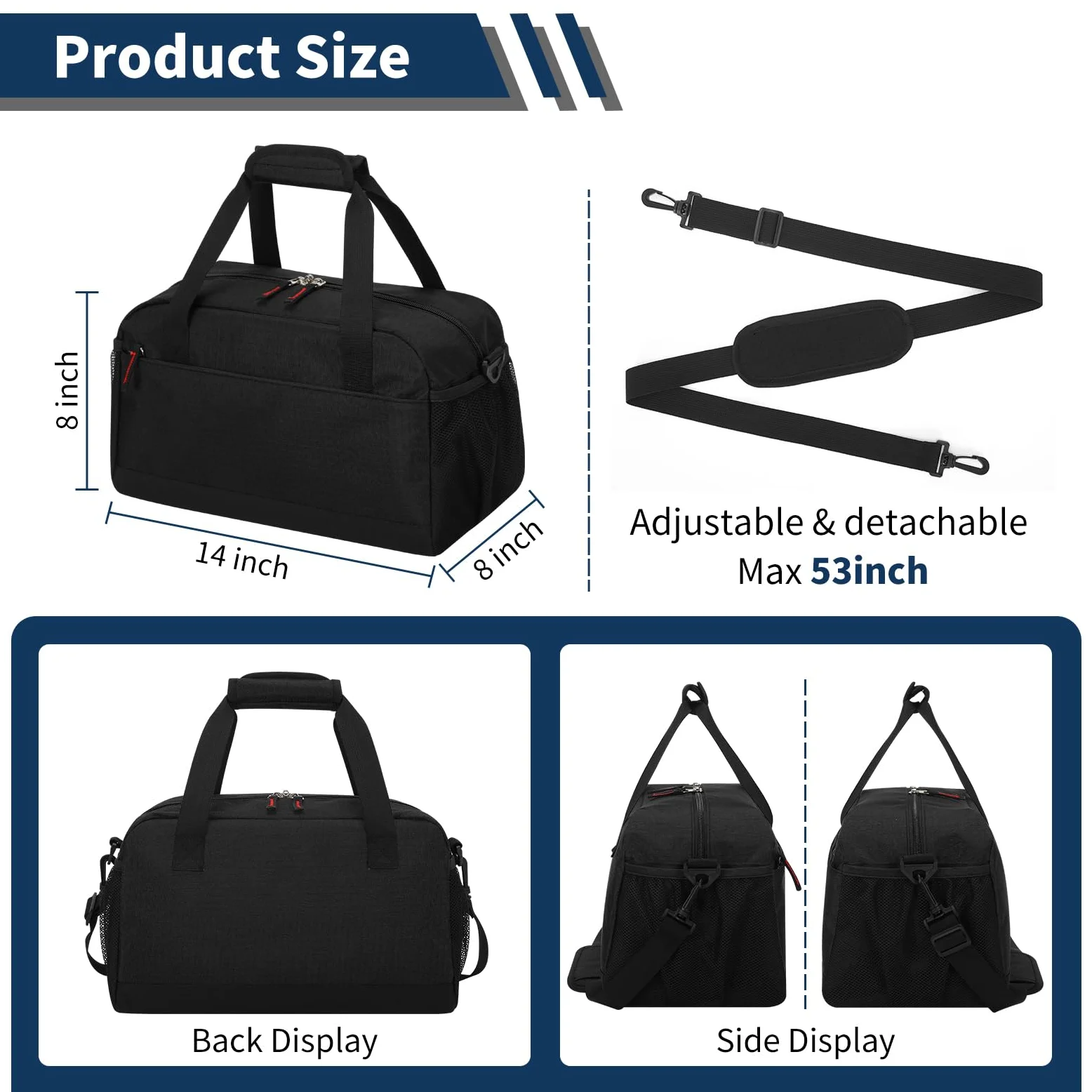 Bolsa de gimnasio pequeña con bolsillo húmedo, Negro -, 35,56 cm, Gimnasio