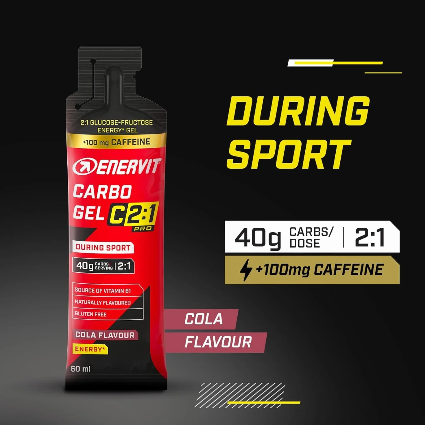 Enervit Carbo Gel C2:1PRO con Cafeína, Gel Energético 40g Carbohidratos, Sabor Cola, 7 Pack 60ml