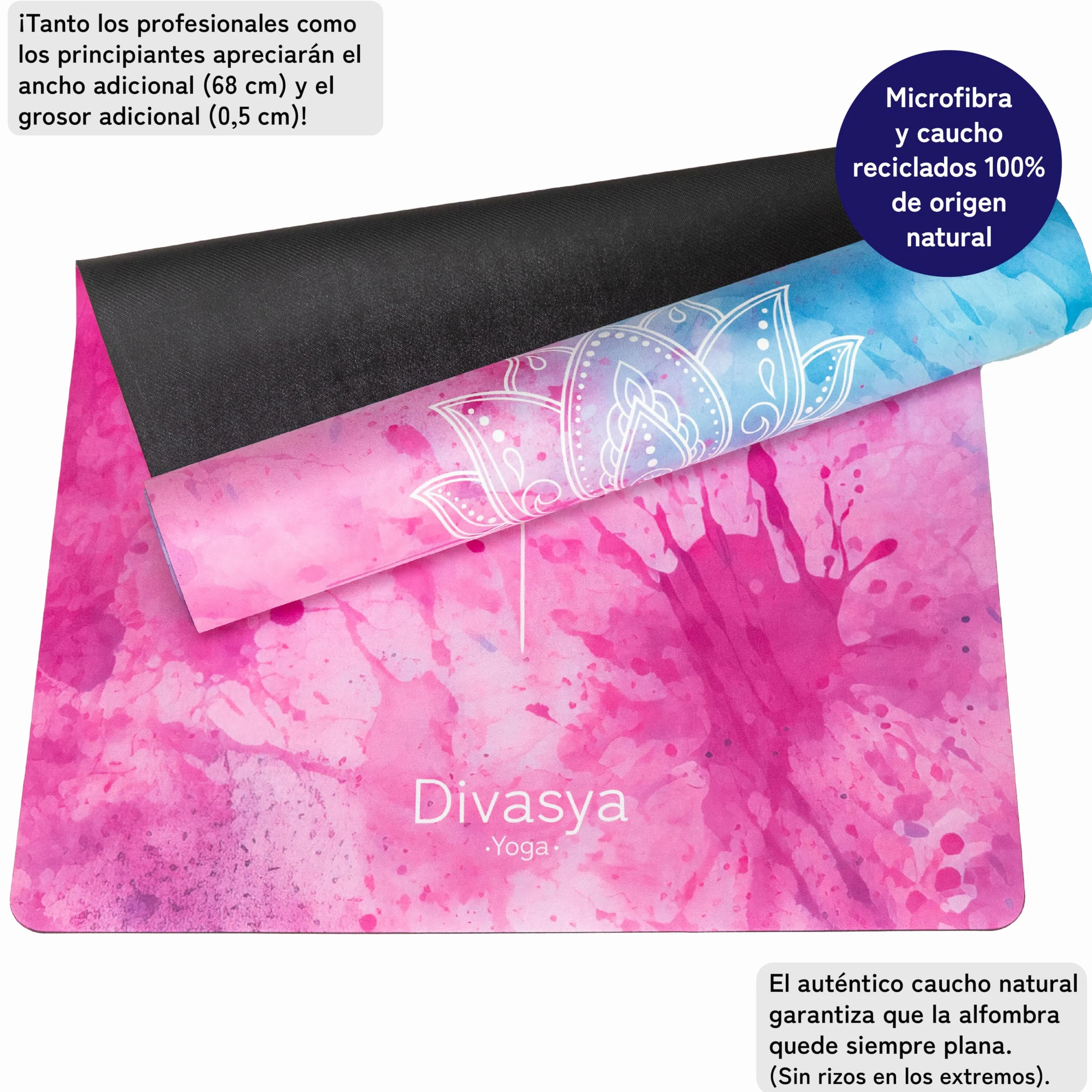 Esterilla de yoga sostenible y antideslizante: caucho natural antideslizante y superficie de microfibra absorbente, extra ancha y gruesa 183 x 68 x 0,5 cm, correa de transporte