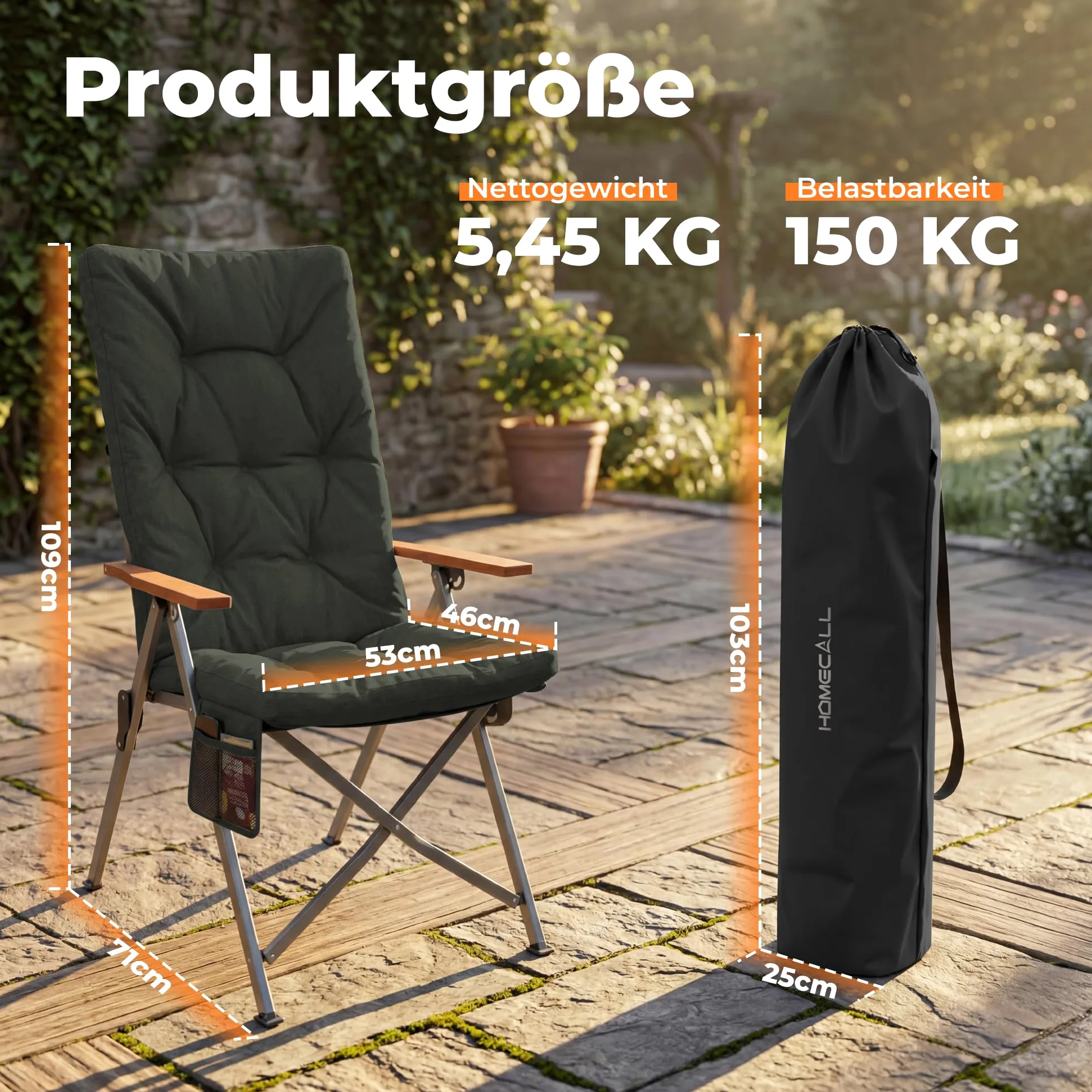 Homecall Silla de camping plegable, soporta 150 kg, respaldo alto, silla plegable de lujo, con 3 posiciones, ajustable con 4,5 cm de grosor, acolchada, para jardín, balcón, autocaravana (1, gris