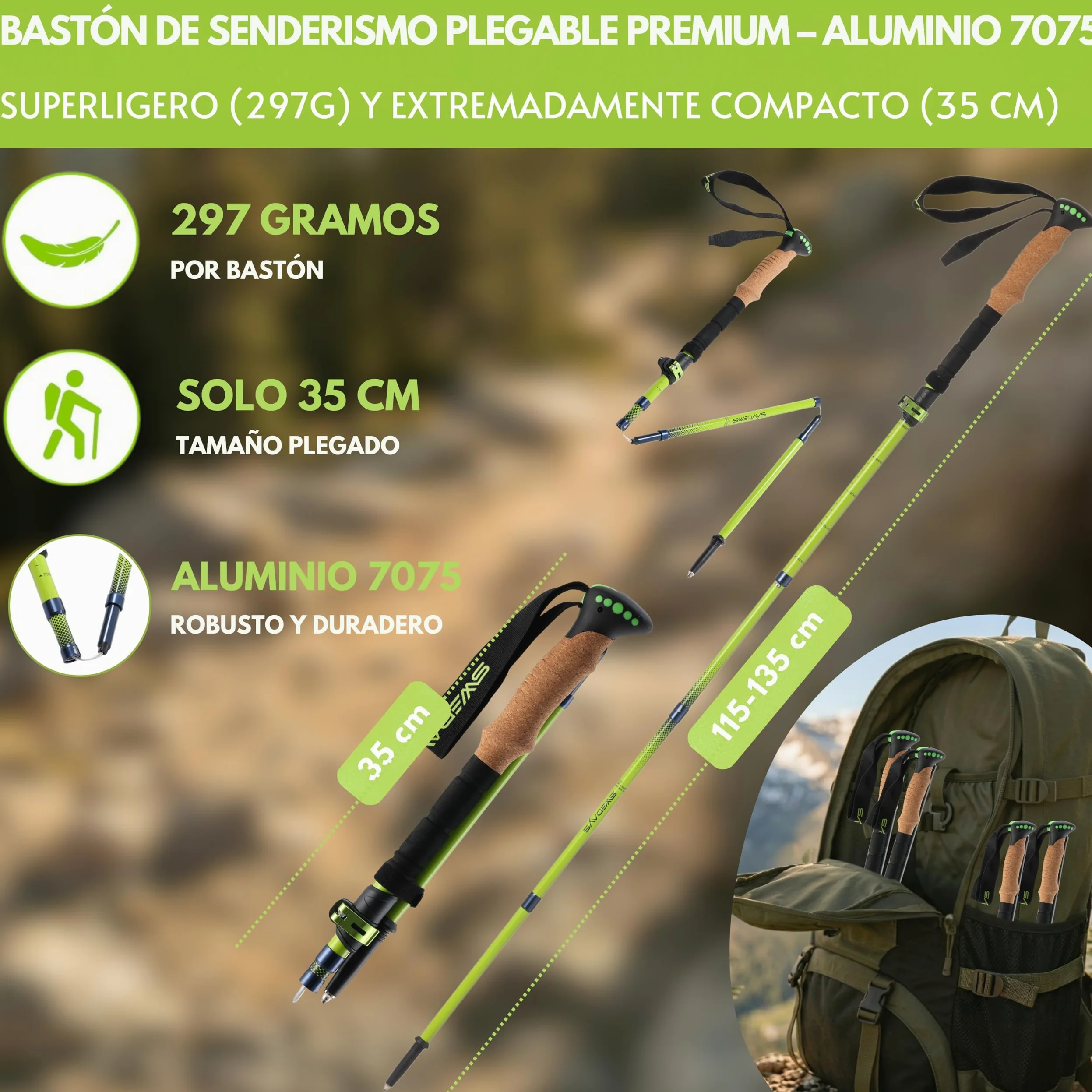Bastones de Senderismo Plegables (35cm Plegados) - Carbono 3K o Aluminio 7075 - Telescópicos 115-135cm - Ultraligeros & Compactos - Mango de Corcho - Hombre & Mujer