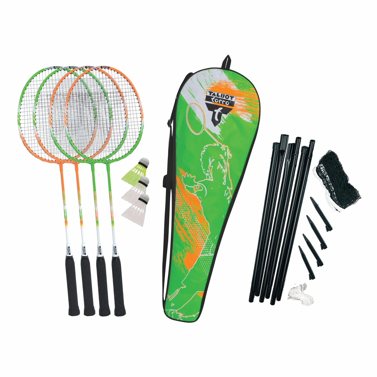 Talbot Torro Set de Badminton 4-Attacker Plus, 4 Raquetas, 3 Volantes, Red Completa