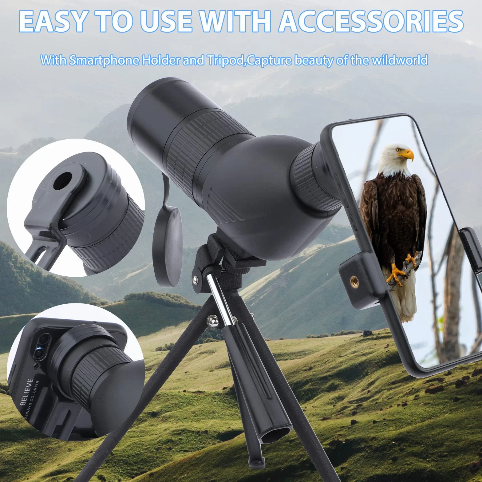 Telescopio Terrestre 12-36x50 HD con Trípode, Bolsa de Transporte y Adaptador de Teléfono Inteligente para Observación de Aves, Observación de Estrellas, Tiro con Arco, Paisaje de Vida Silvestre
