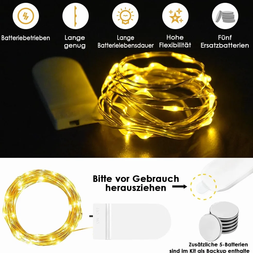 WEARXI Guirnalda Luces Interior 10 Piezas 2M 20 Mini LED Cadena de Luces Decorativas Blanco Cálido