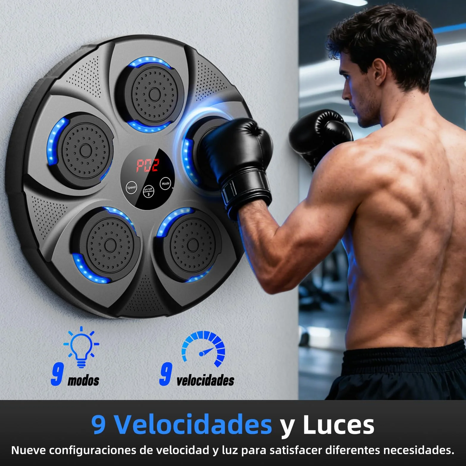 Máquina de Boxeo Musical Electrónico Profesional con Guantes Bluetooth 9 Velocidades Negro