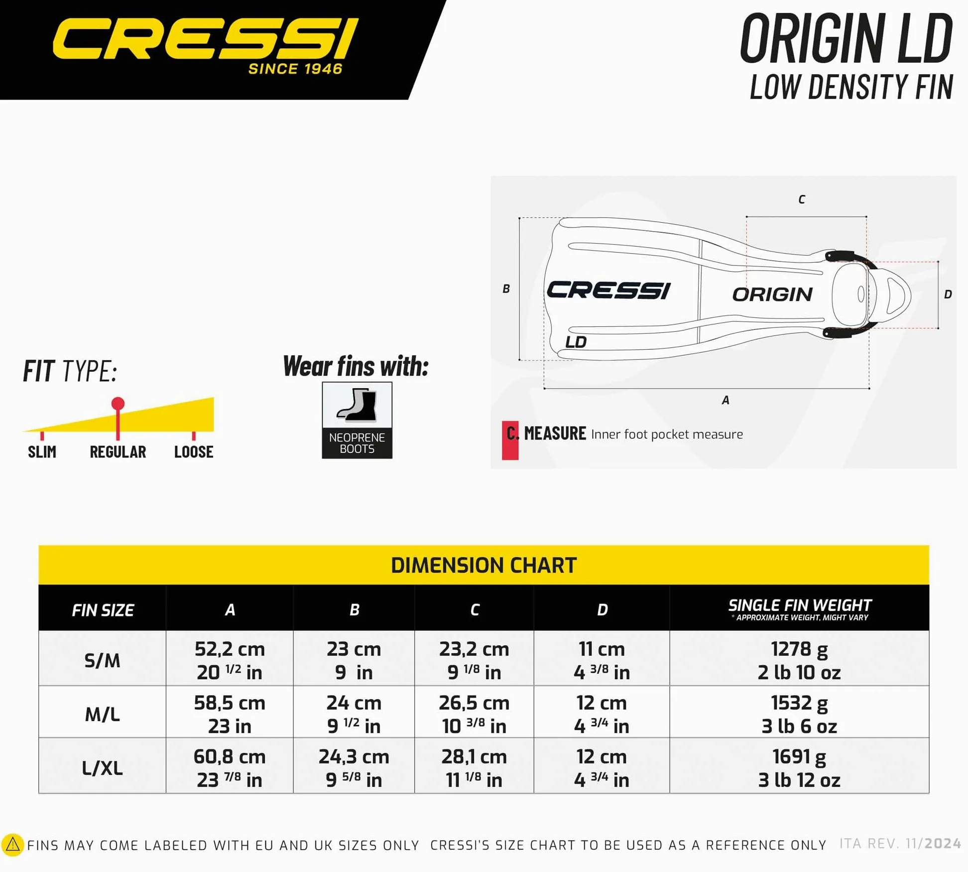 Cressi Origin - Aletas Ajustables de talón Abierto, Color Negro, XS/S